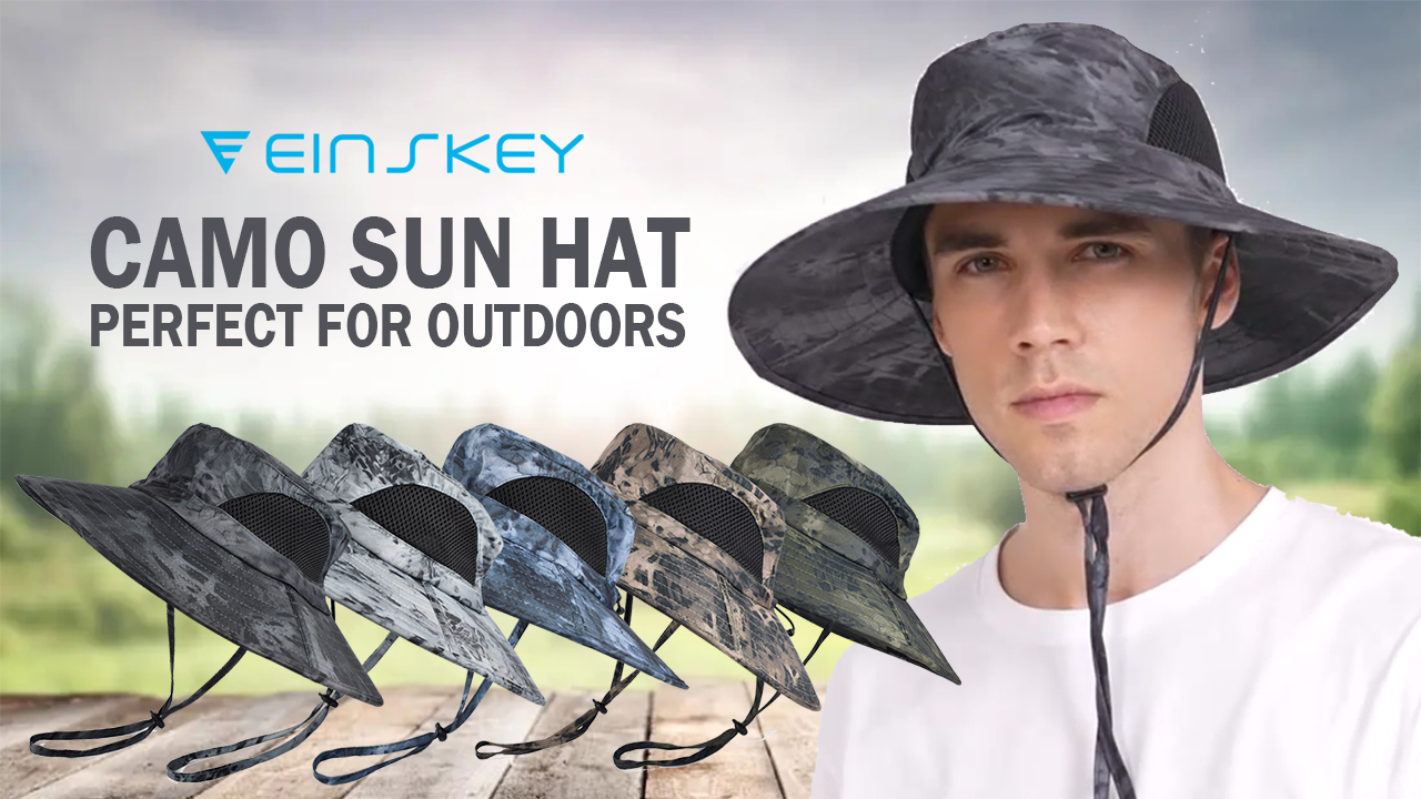 thumbnail video image 2 of EINSKEY Camo Boonie Hat, Wide Brim Bucket Hat Sun Protection, Camouflage Safari Hat Green, 2 of 9