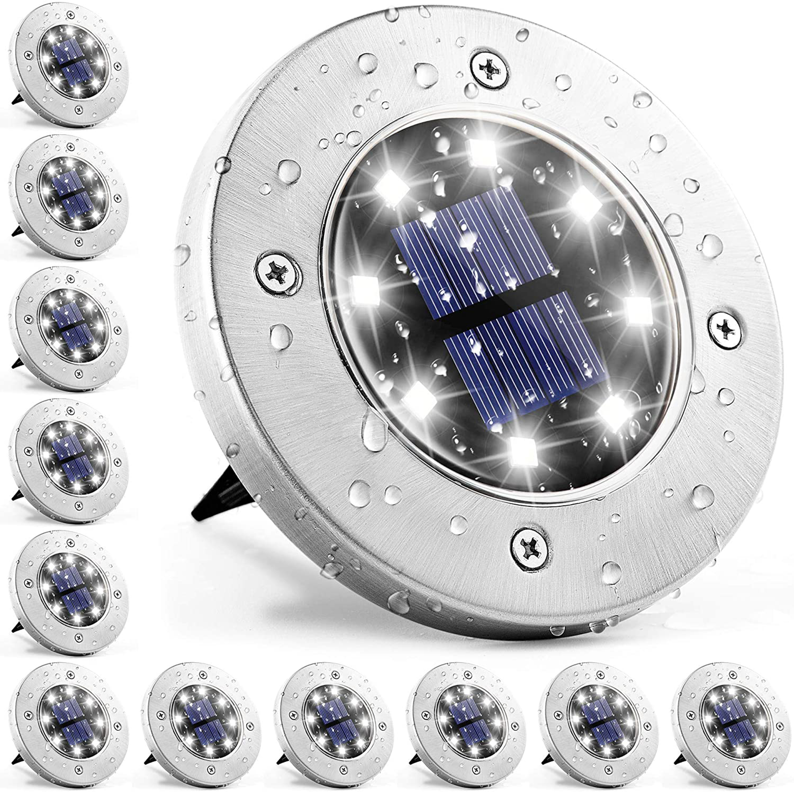 thumbnail video image 2 of SOWAZ solar ground lights, 8 LEDs disk lights garden pathway outdoor In-Ground Lights 4 Packs -White Color Stainless Steel, 2 of 9