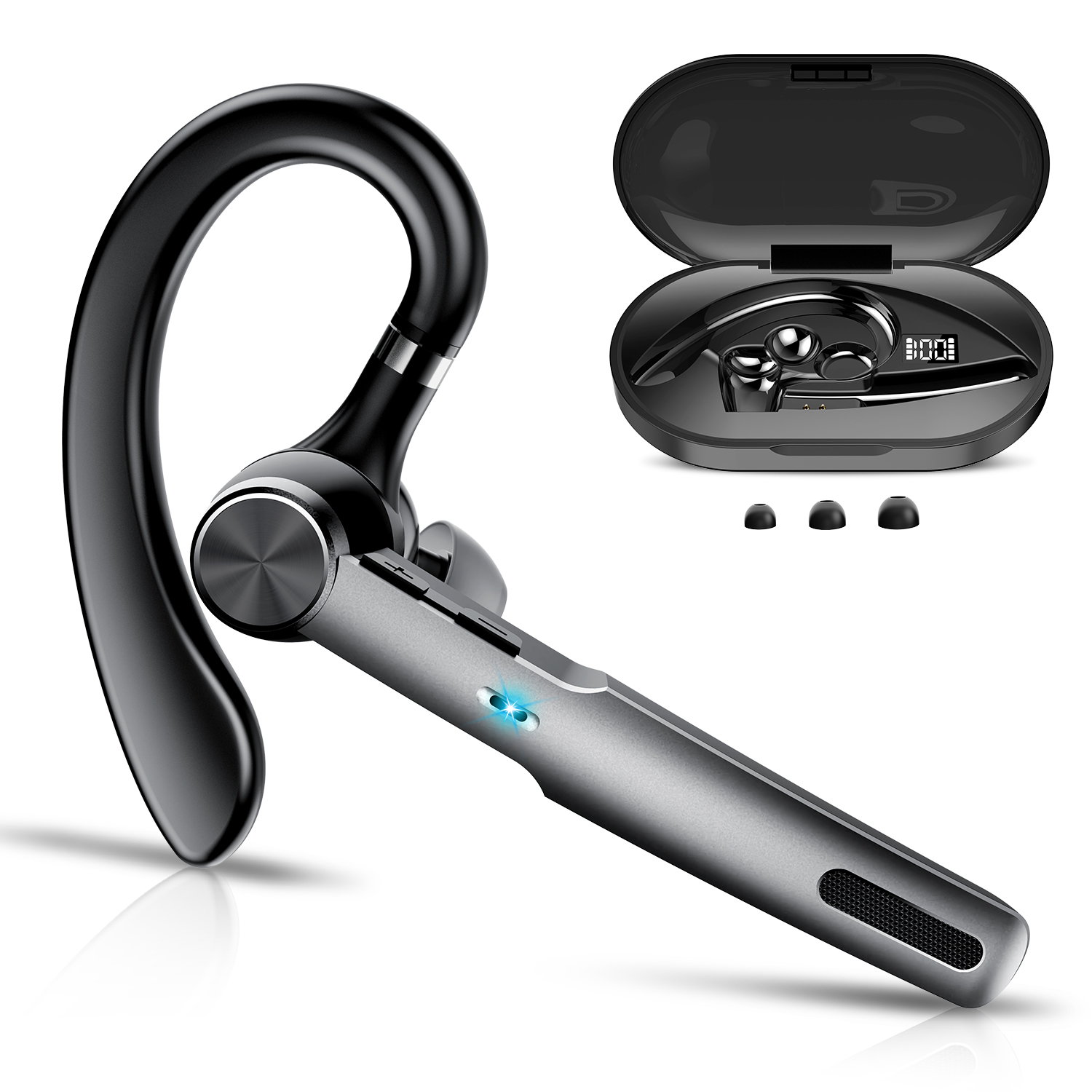 thumbnail video image 2 of Bluetooth Headset, Single-Ear Bluetooth Earpiece with ENC Mic with HiFi Stereo Sound, 72 Hours Talking Time Wireless Headset V5.3 with 400mAh Charging Case for iOS Android Cell Phones, Black, 2 of 8