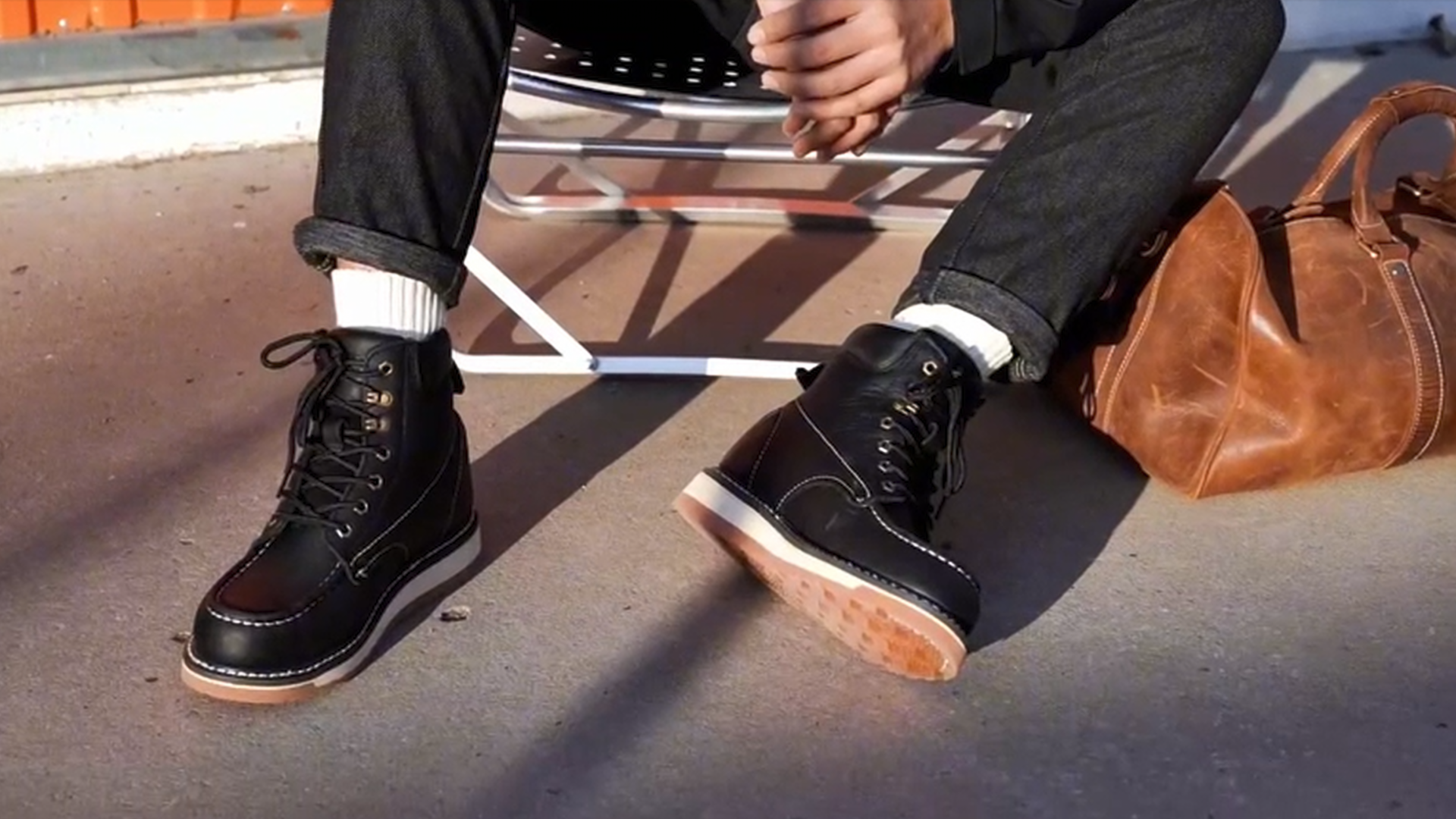 thumbnail video image 2 of SAFETY LOONG Moc Toe Work Boots for Men Soft Toe Comfortable Full Grain Leather Non Slip Wedge Outsole Construction 6" Workboots Black 8.5, 2 of 8