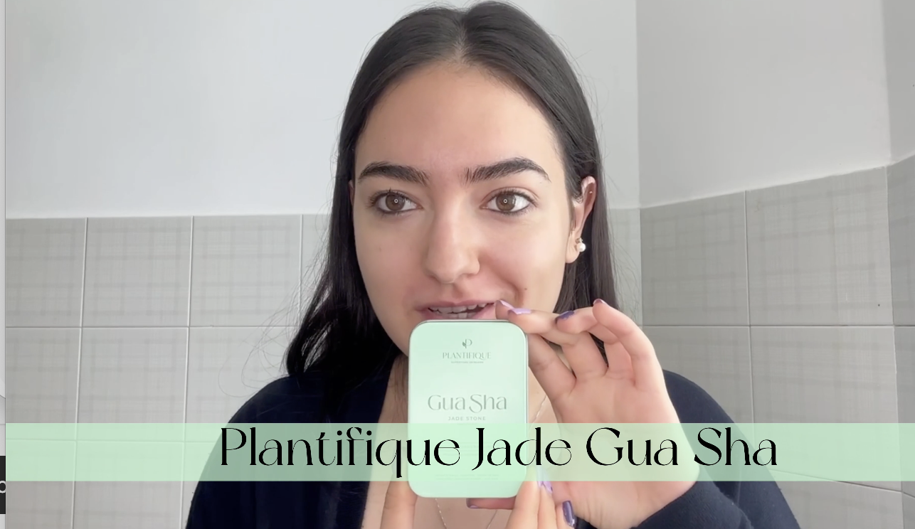 thumbnail video image 2 of Plantifique Jade Gua Sha Facial Tool, Jawline Sculptor, Skin Massager & Gift Set, 2 of 7