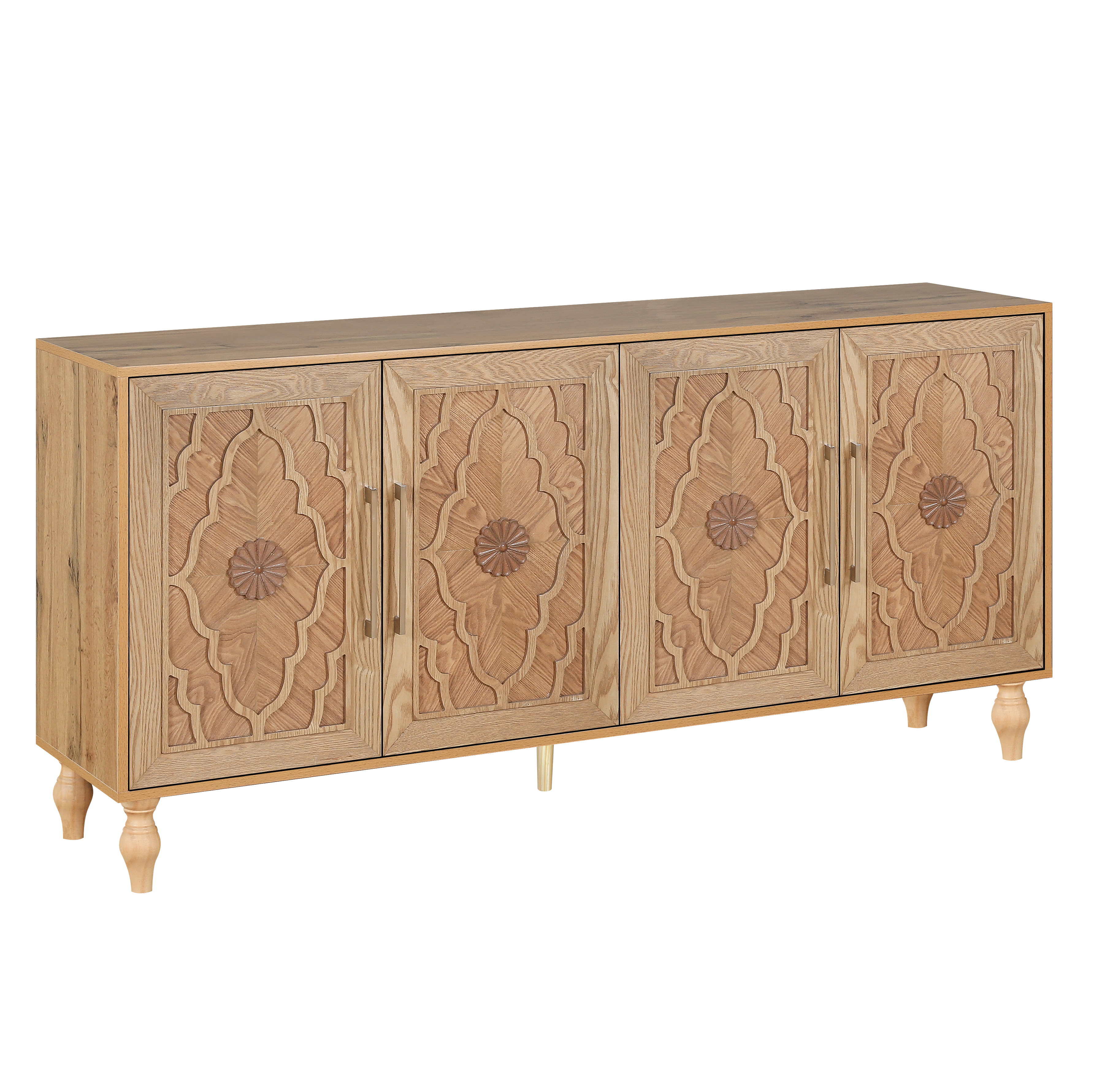 thumbnail video image 2 of Atumcto 63" Sideboard Buffet Cabinet with Carved Floral Doors, Adjustable Shelves, Natural, 2 of 9