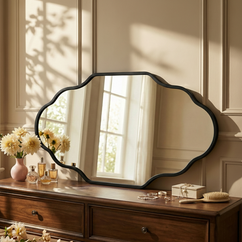 thumbnail video image 2 of Fahomiss 26"x46" Scalloped Wall Mirror, Silver Modern Bathroom Vanity Decor, 2 of 12