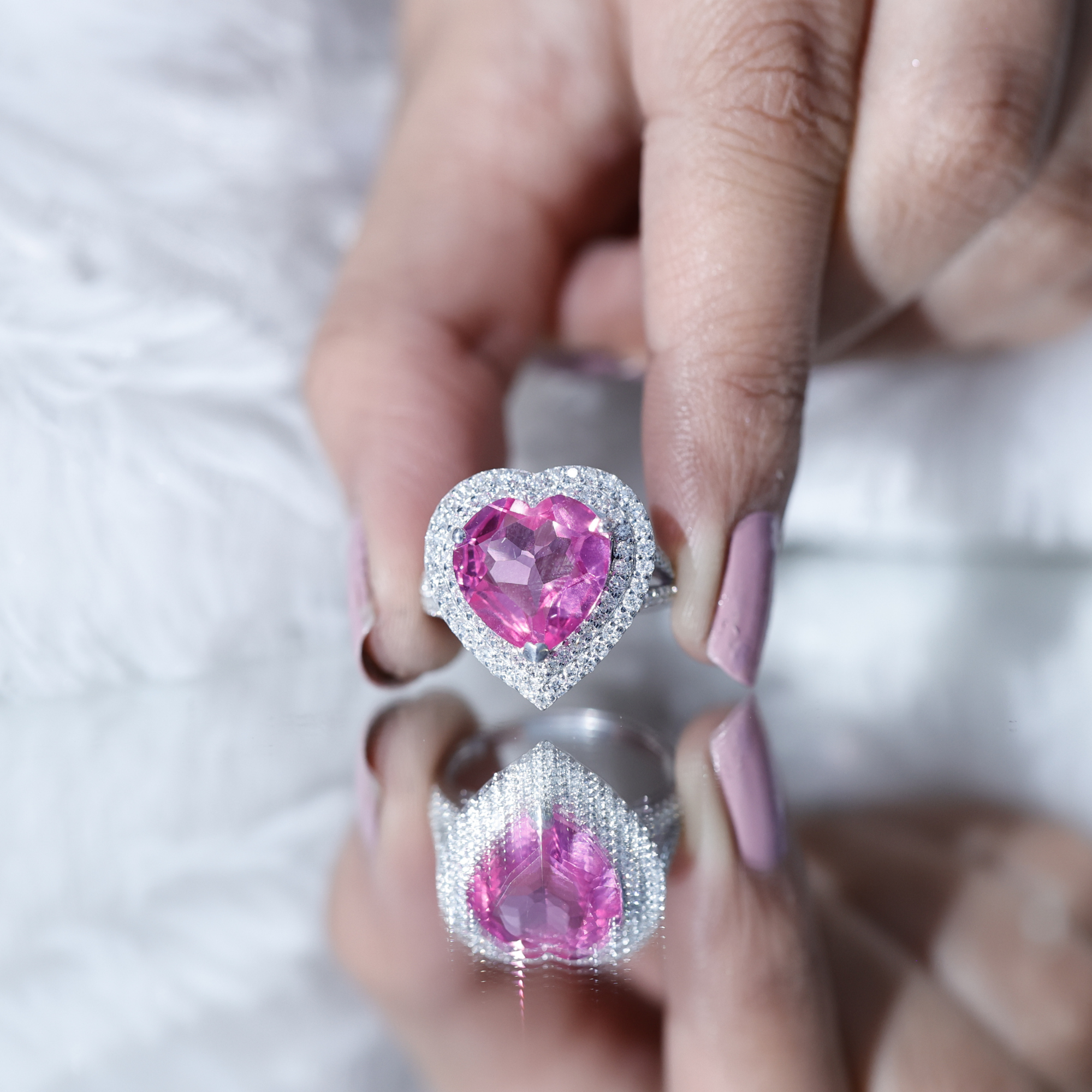 thumbnail video image 2 of Rosec Jewels Lab Grown Pink Sapphire Heart Engagement Ring - 5.6 Carat - Pink Sapphire Diamond Ring - AAAA Grade Certified, 10K White Gold, US 6.00, 2 of 9