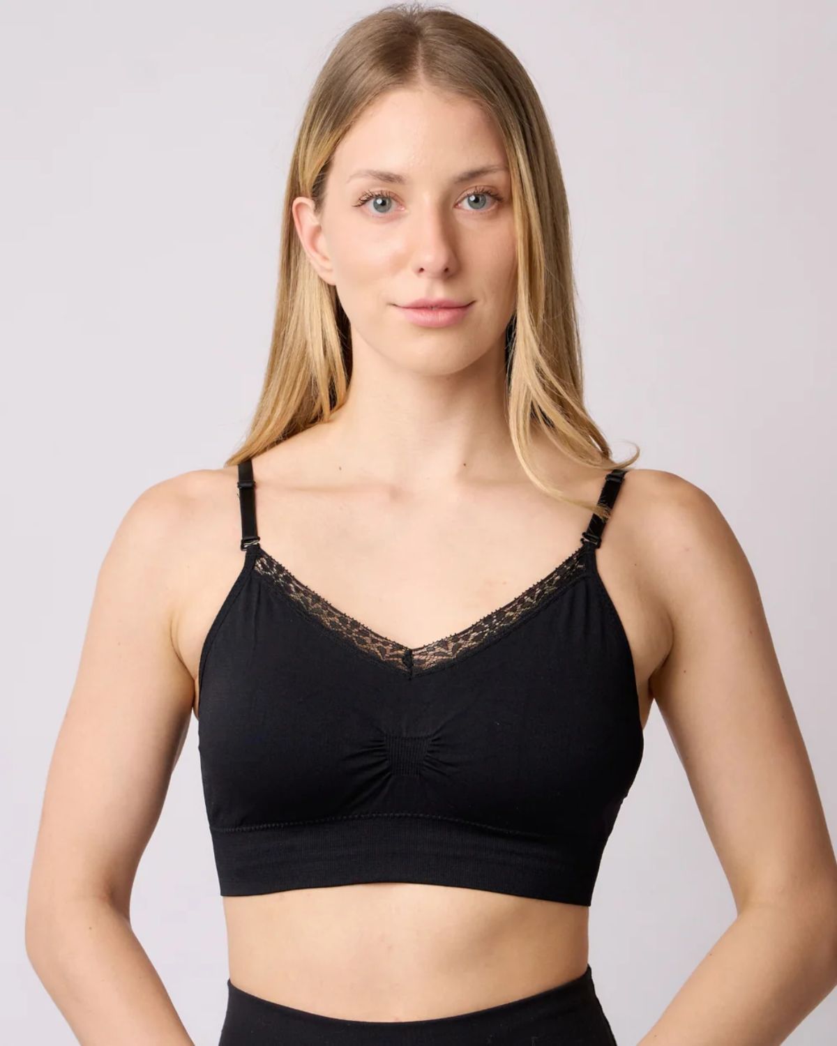 thumbnail video image 2 of Coobie V-Neck Lace Trim Bra with Back Closure 9182,Black,One Size, 2 of 8