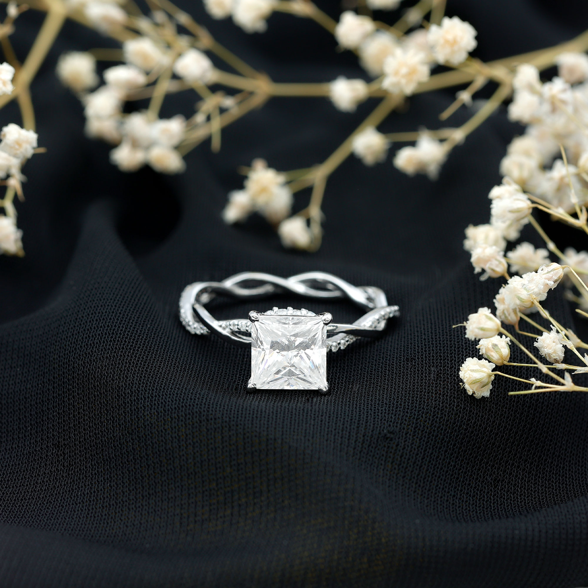 thumbnail video image 2 of Rosec Jewels Princess Cut Moissanite Solitaire Engagement Ring with Hidden Halo - 8 mm - 3 Ct, 925 Sterling Silver, US 4.00, 2 of 8