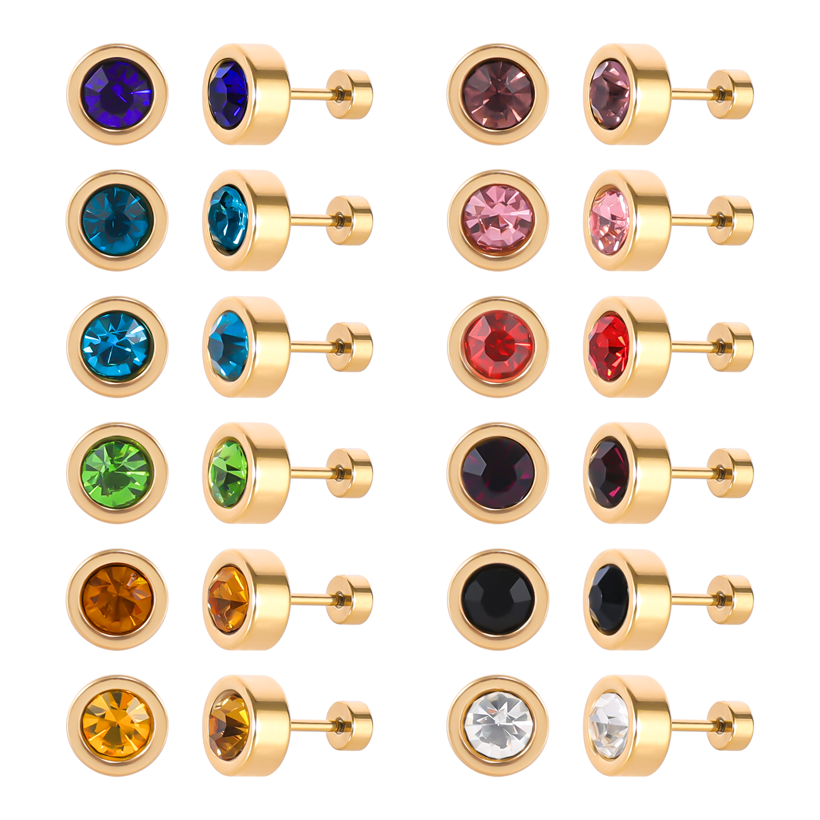 thumbnail video image 2 of 12 Pairs Surgical Stainless Steel Flat Back Birthstone Cubic Zirconia Stud Earrings, Gold Plated Screw Back Round Star Heart Flower Hexagon Triangle CZ Stud Earrings Set, 2 of 8
