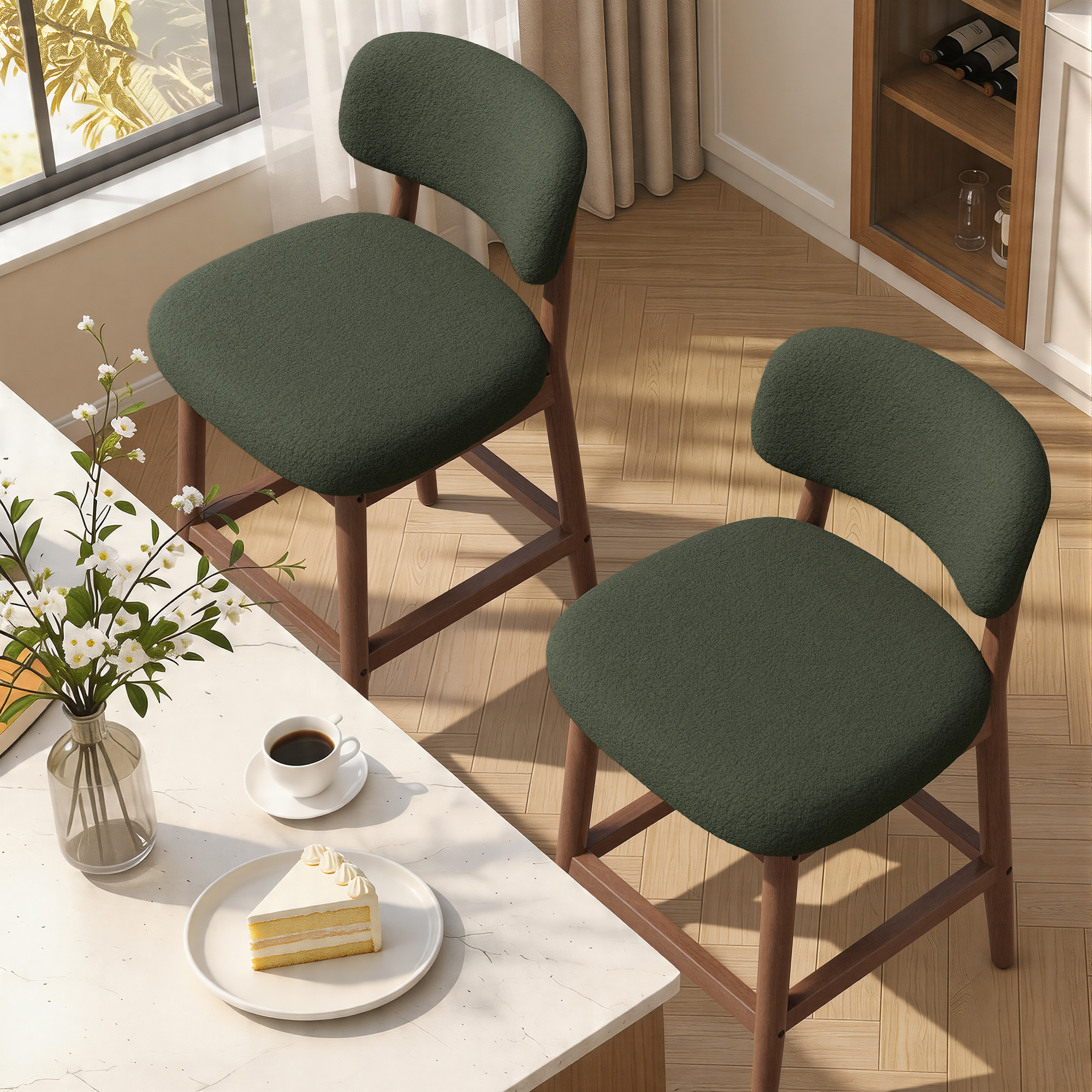 thumbnail video image 2 of Hawsaiy Counter Height Bar Stools Set of 2, Mid Century Modern Boucle Barstools with Solid Wood Frame, Upholstered Kitchen Island Stools with Backrest & Footrest, White, 2 of 6