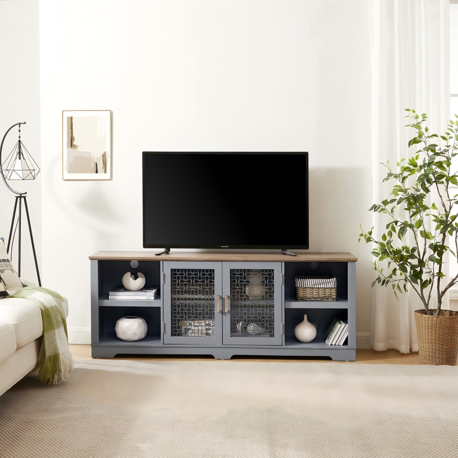 thumbnail video image 2 of CKEASEAN Modern Entertainment Center with Fluted Glass Doors, 70'' Wooden TV Stand for TVs Up to 80'', Adjustable Shelves, Large Home Media Console Table for Living Room, 2 of 8