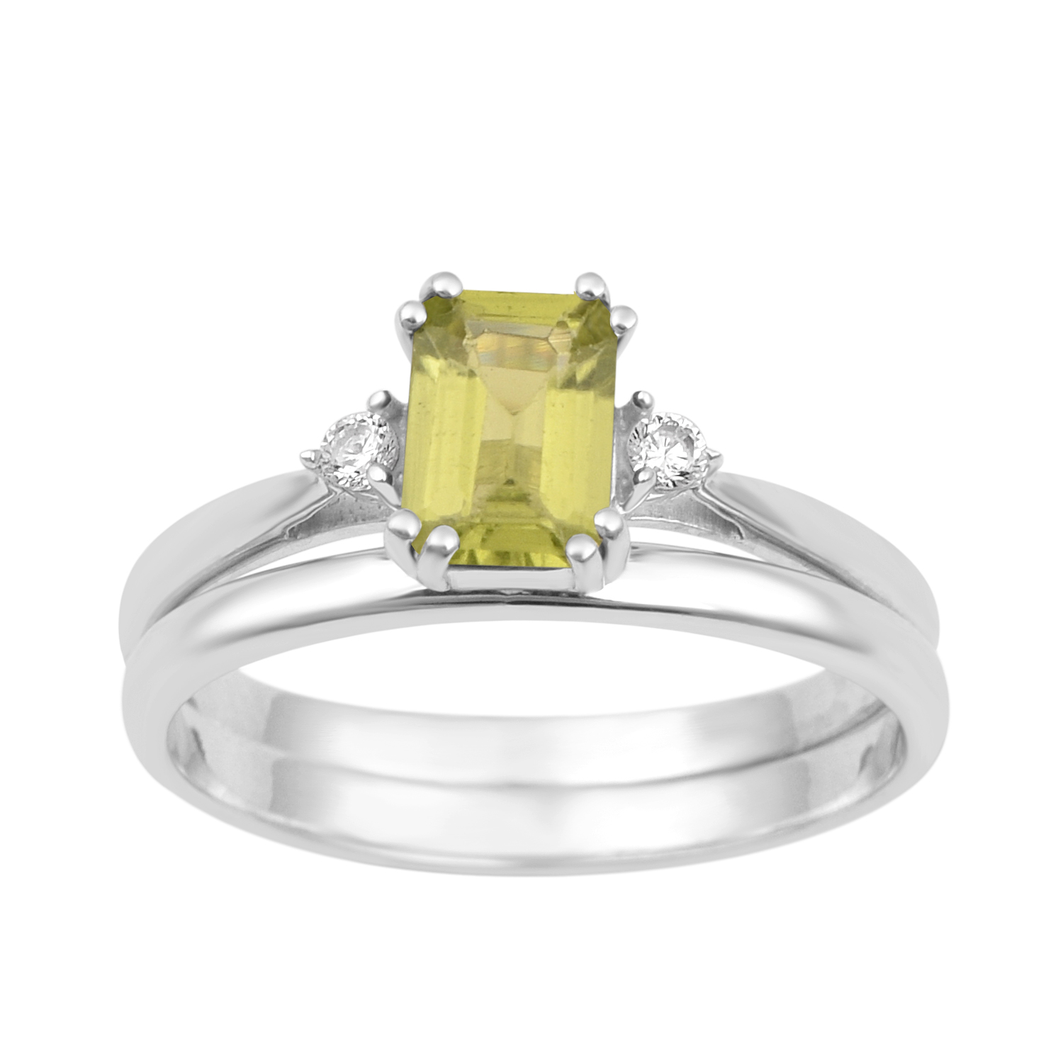 thumbnail video image 2 of 1.20 Ctw Radiant Cut Peridot 925 Sterling Silver Dual Band Women Stacking Ring, 2 of 7
