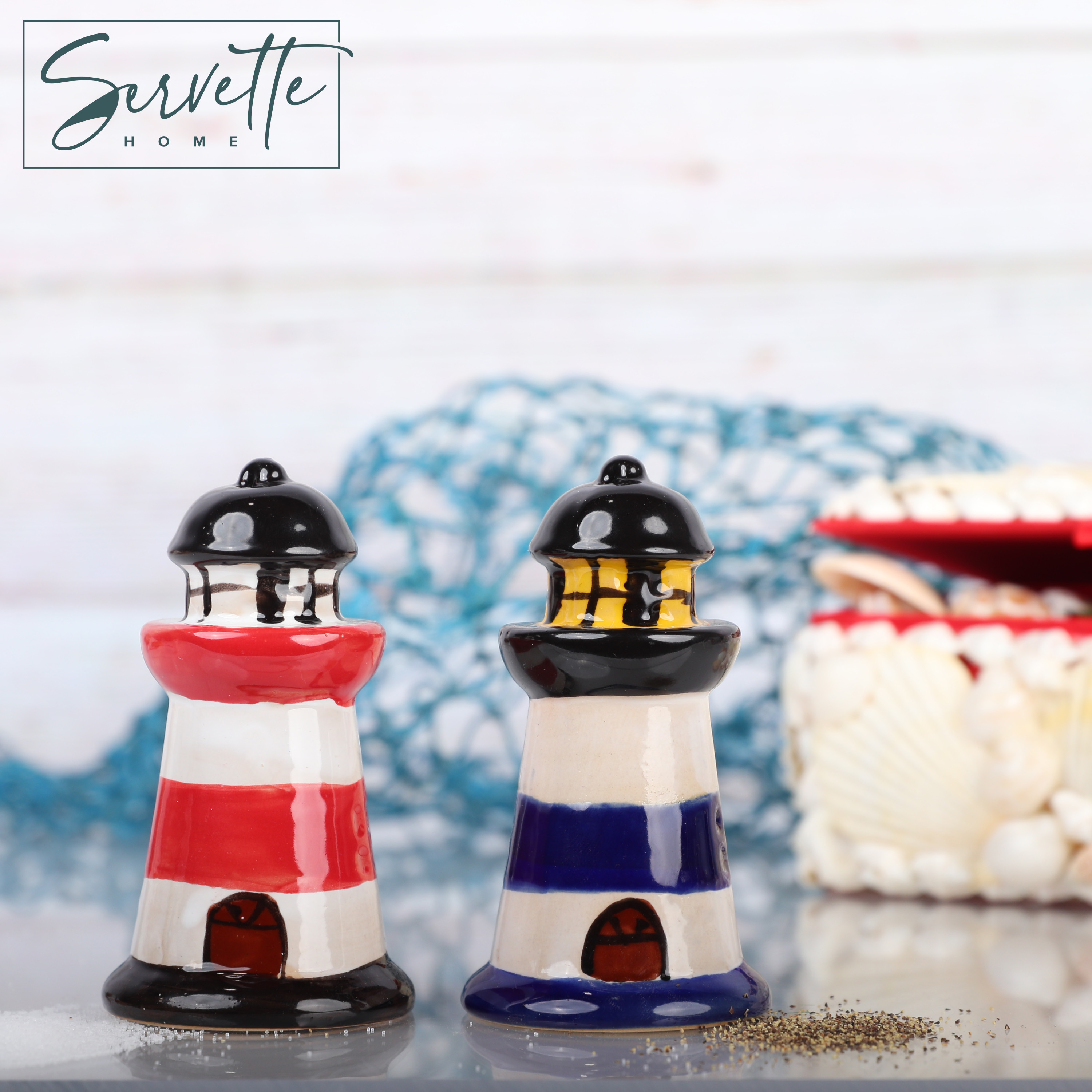 thumbnail video image 2 of Servette Home Red & Blue Lighthouse Salt and Pepper Shaker, 2 of 7