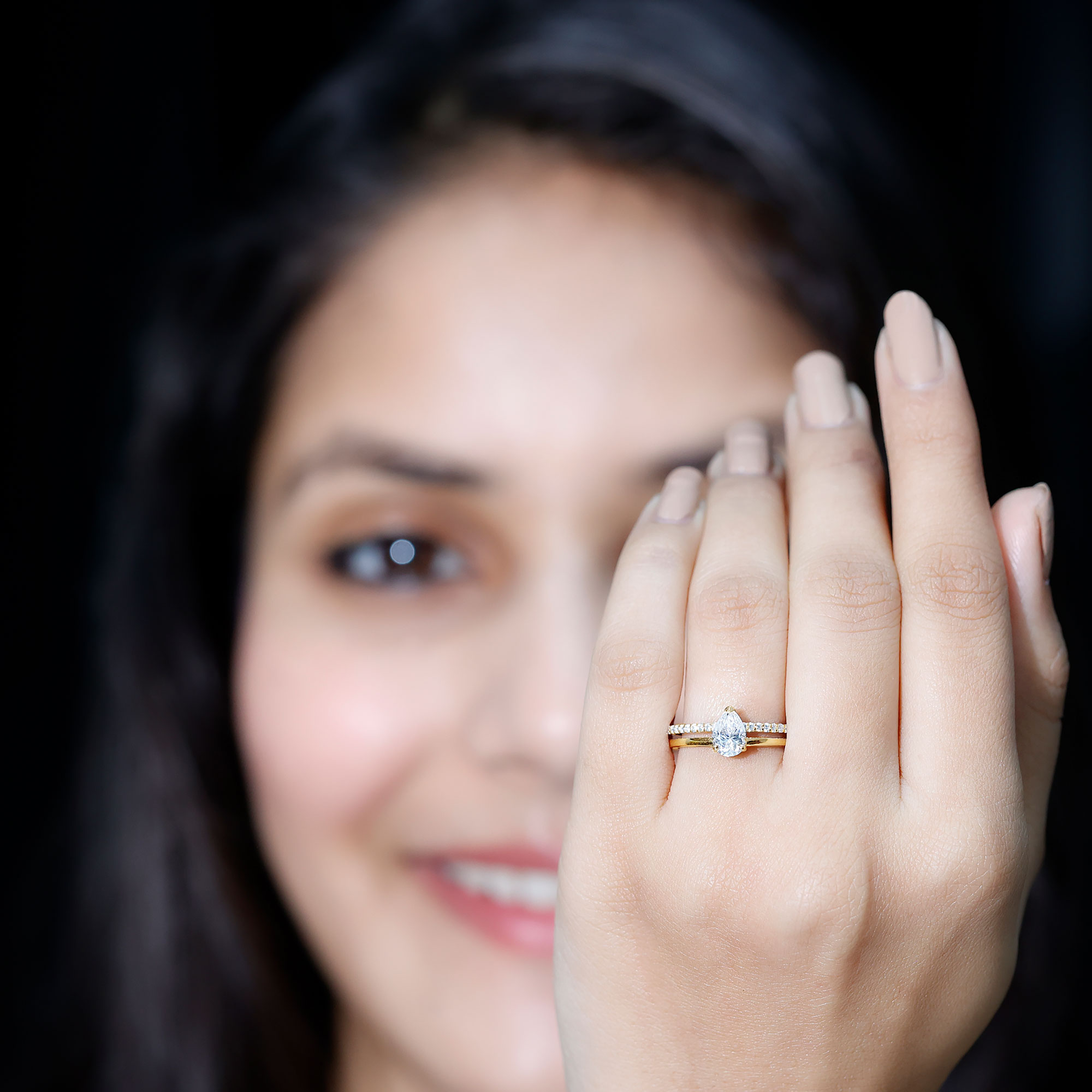 thumbnail video image 2 of Rosec Jewels Lab Grown Diamond Engagement Ring - 5X7 MM Teardrop Ring - Double Band, 18K Yellow Gold, US 3.00, 2 of 10