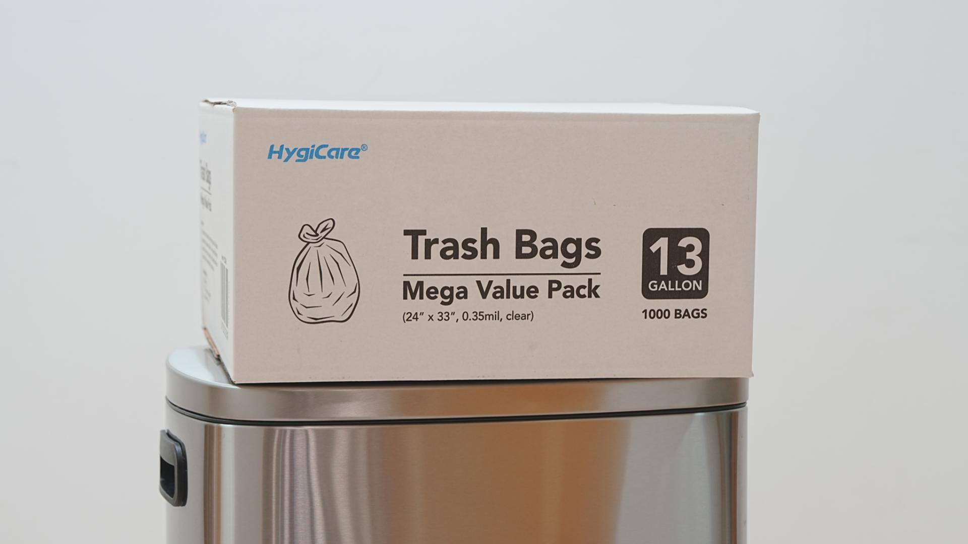 thumbnail video image 2 of HygiCare 13 Gallon Trash Bags, 1000 Count Mega Value Pack, Clear Tall Kitchen Garbage Bags, Unscented, Leakproof & Extra Strong, Multipurpose, 2 of 8