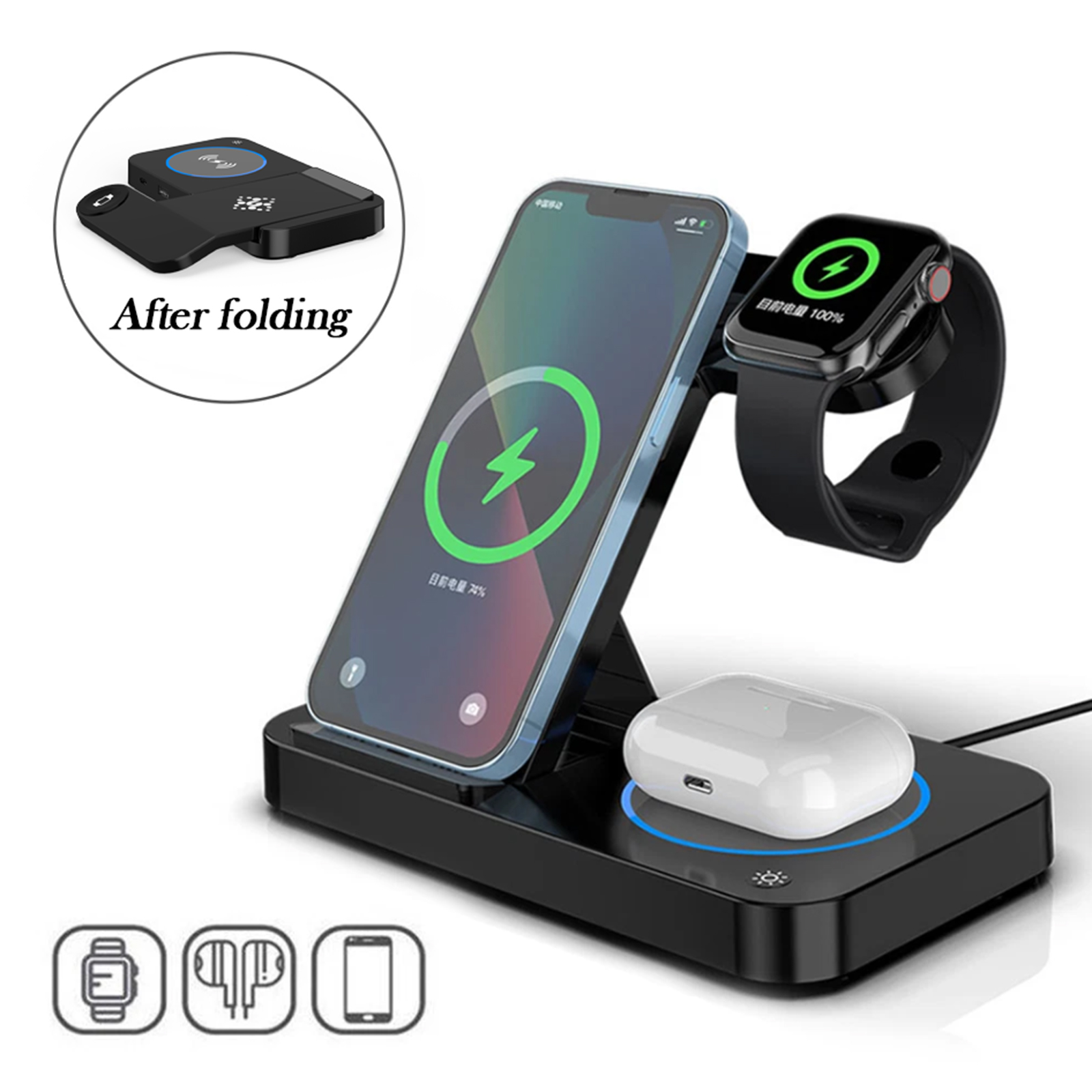 thumbnail video image 2 of Elnone 4 In 1 Foldable Wireless Charging Station Dock, Multi Device Charger for iPhone, Apple Watch Series & AirPods, 2 of 7