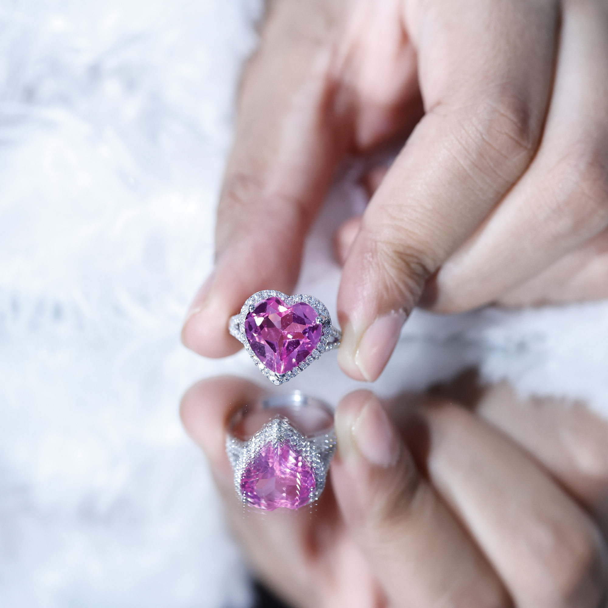 thumbnail video image 2 of Rosec Jewels Lab Grown Pink Sapphire Heart Engagement Ring with Diamond Halo (5.6 Carat, AAAA Grade) - Gift For Special Occasions, 925 Sterling Silver, US 4.00, 2 of 9