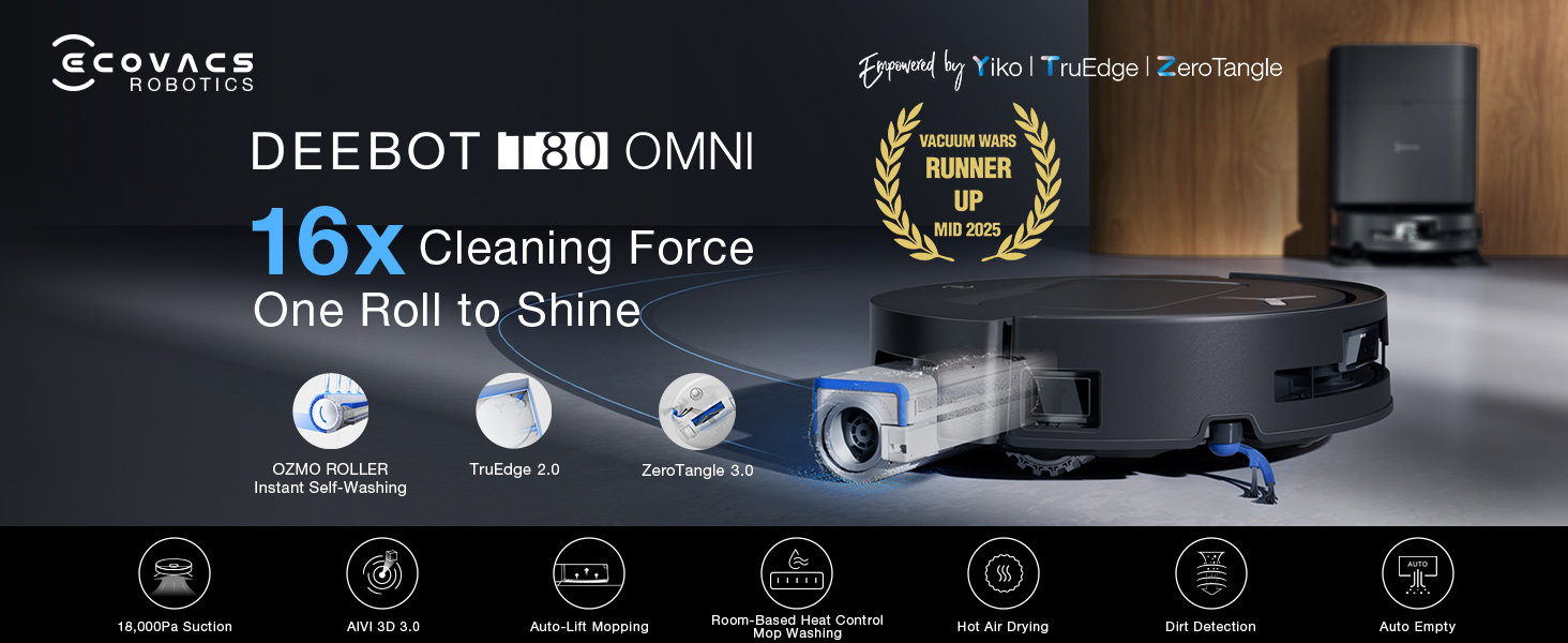 thumbnail video image 2 of ECOVACS DEEBOT T80 Omni Robot Vacuum and Mop，18,000Pa Suction, OZMO™ Roller Real-Time Mop Washing，Self-Emptying, 2 of 9