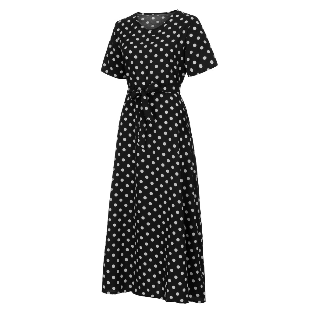 thumbnail video image 2 of Maxi Dresses for Women Polka Dot Short Sleeve Summer Dresses with Belt Evening Party Holiday Elegant Ladies Wedding Guest Dress Beach Boho Hawaiian Dress Sundress Long Dresses, 2 of 7