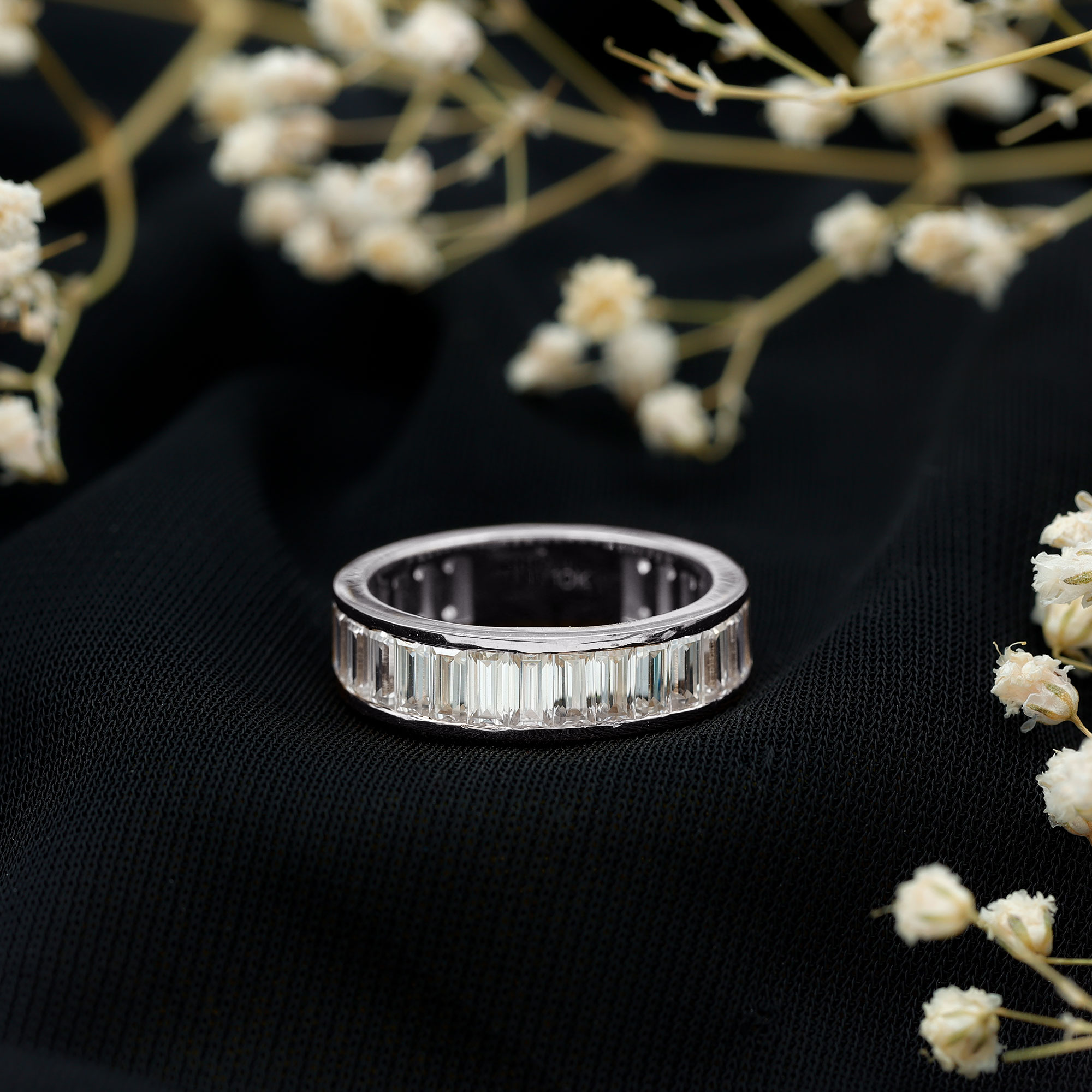 thumbnail video image 2 of Rosec Jewels Baguette Moissanite Band Ring for Men, Channel Set Half Eternity Band - D-VS1 Grade, 925 Sterling Silver, US 5.50, 2 of 8