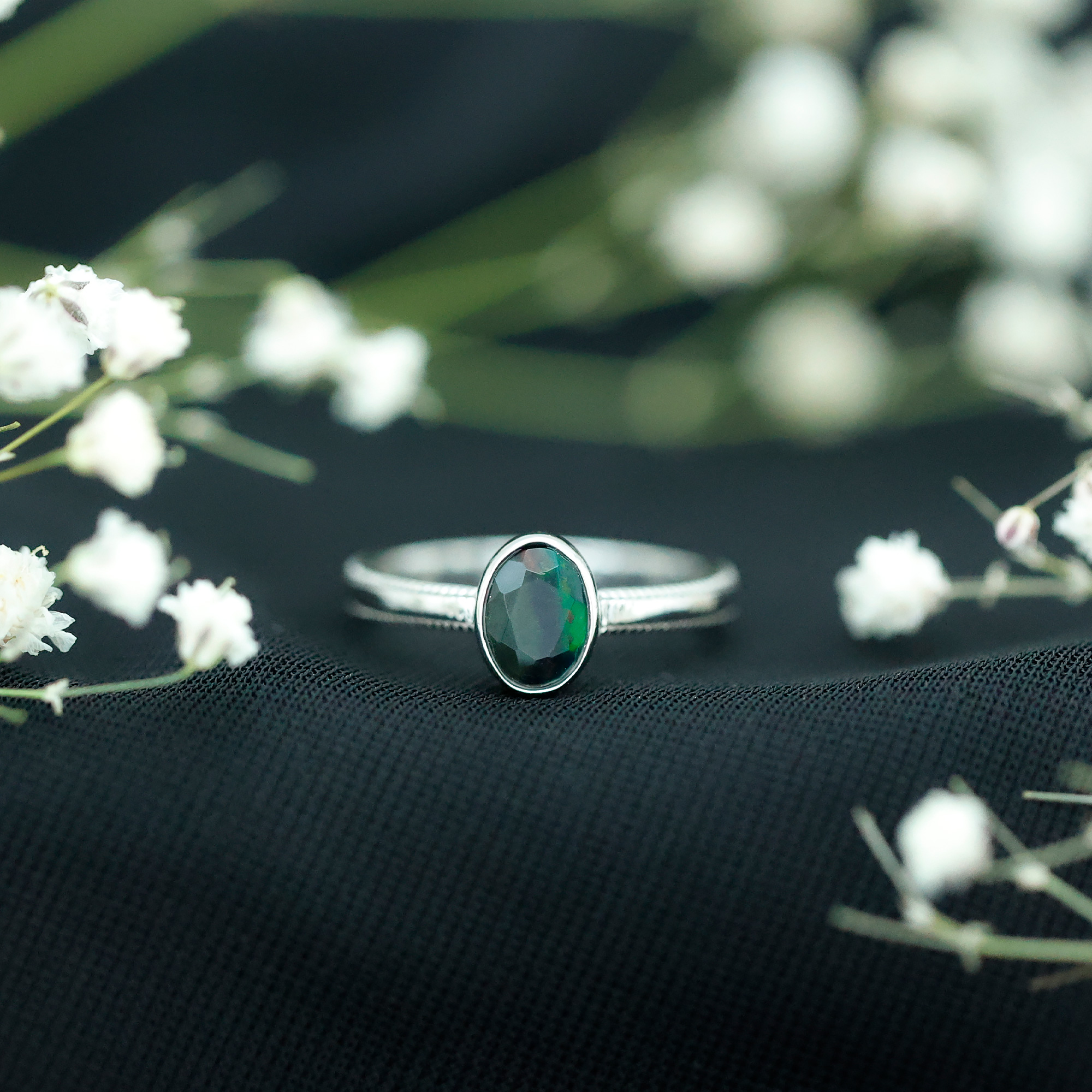 thumbnail video image 2 of Rosec Jewels Black Opal Oval Engagement Ring for Women - Bezel Set Opal Solitaire Ring (5X7 mm, AAA Grade, October Birthstone), 14K White Gold, US 5.00, 2 of 10