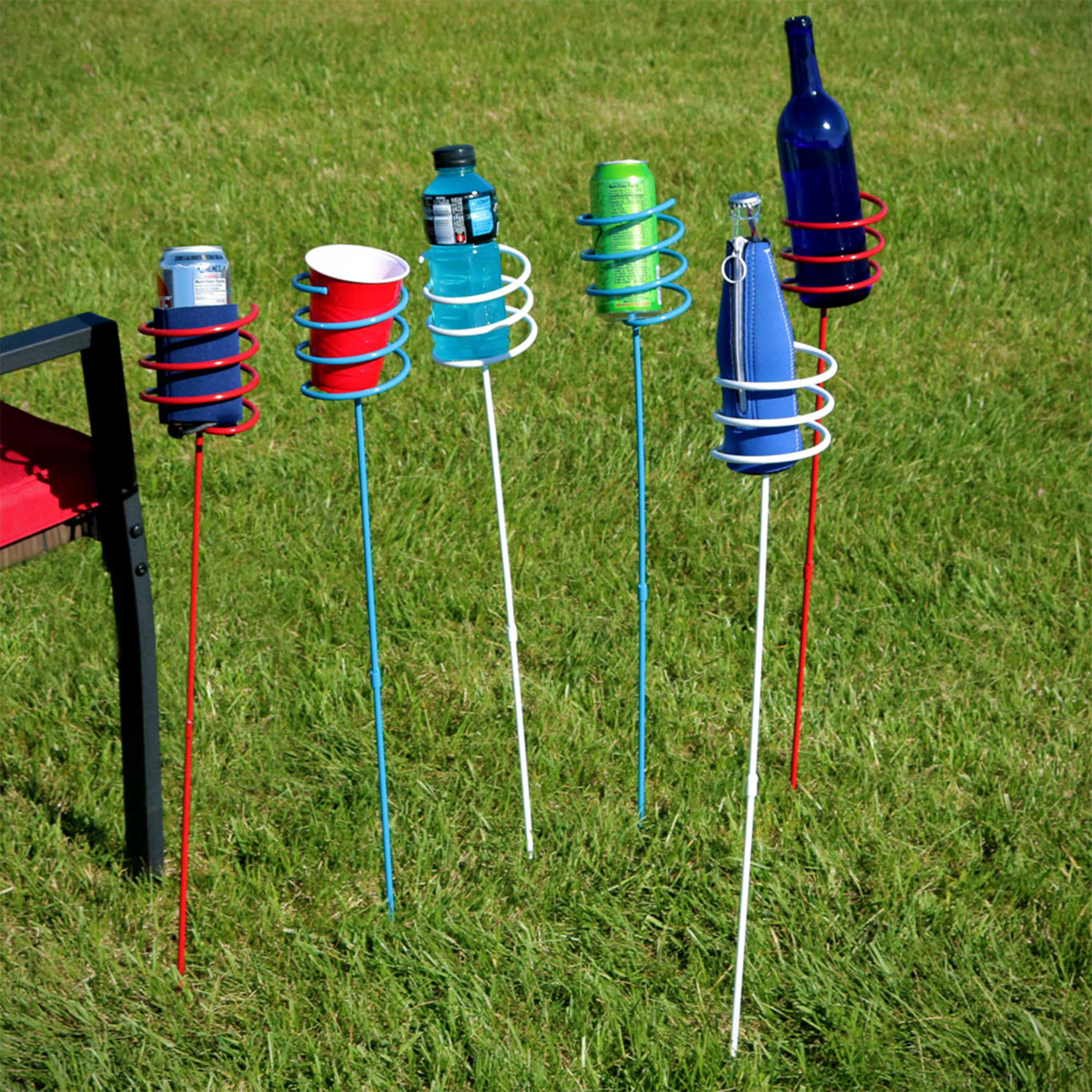 thumbnail video image 2 of Sunnydaze Steel Outdoor Drink Holder Stakes, Red/White/Blue (Set of 6), 2 of 9
