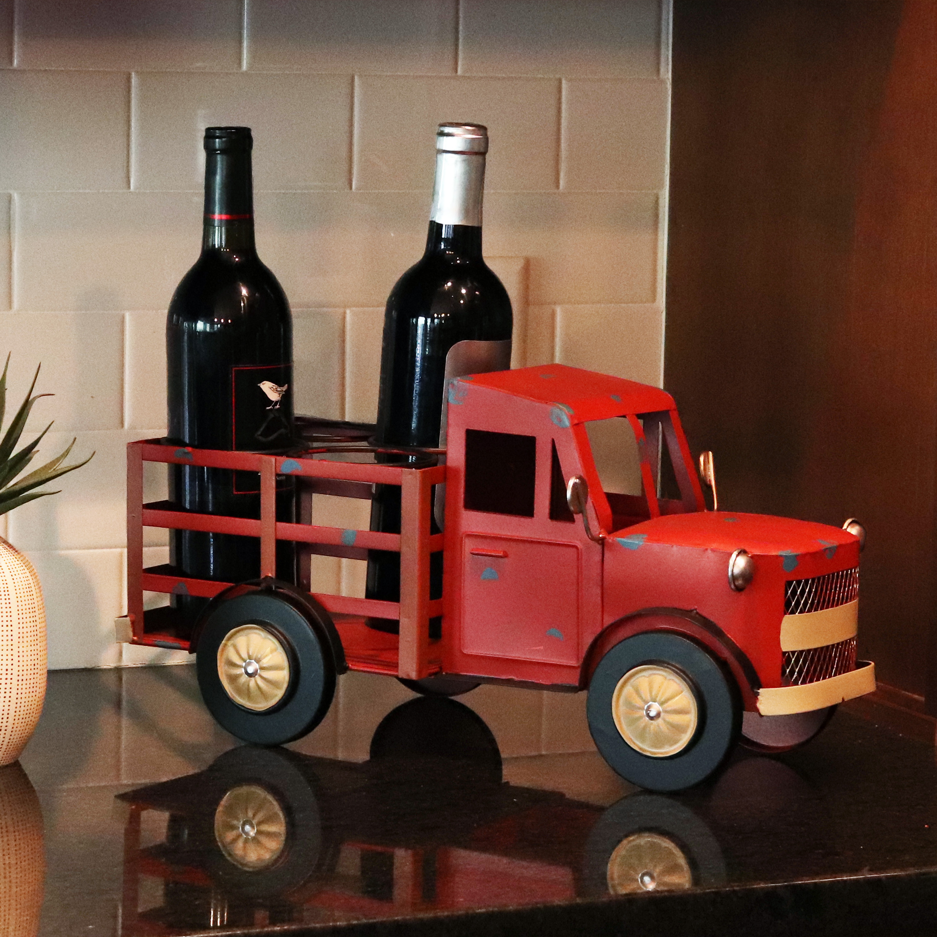 thumbnail video image 2 of Sunnydaze Rustic Red Truck Metal Freestanding 4-Bottle Countertop Wine Rack, 2 of 11