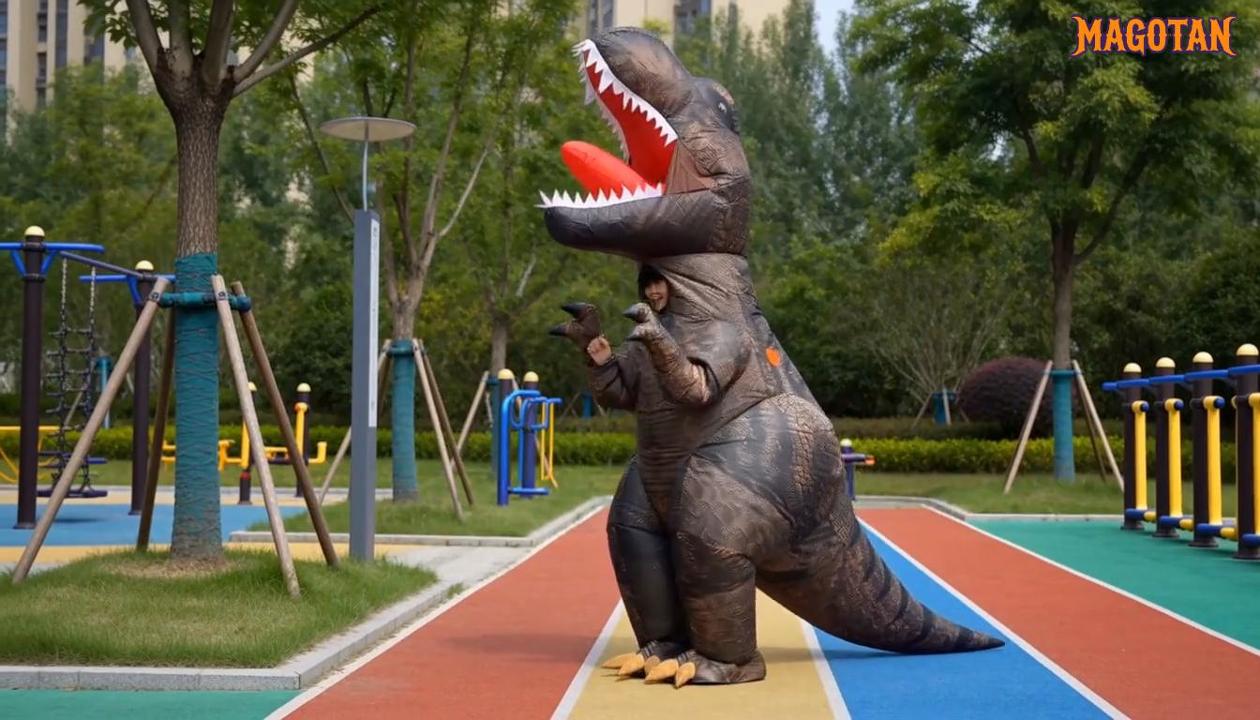 thumbnail video image 2 of Magotan Inflatable Dinosaur Costume for Adults,Halloween Dinosaur Costumes Inflatable Costume Funny Blow Up Full Body T-Rex Fancy Dress Jumpsuit for Halloween,Black, 2 of 9