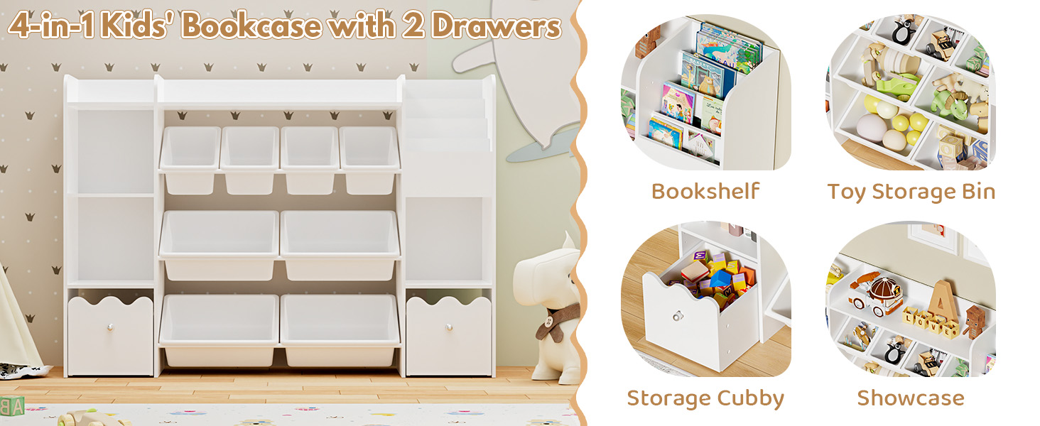 thumbnail video image 2 of Hommpa Kids Toy Storage Organizer with 8 Toy Storage Bins, Kids Bookcase with 4-Tier Bookshelf, Toy Organizer with 2 Removable Drawers and 3 Cube Storage for Bedroom Playroom, White, 2 of 12
