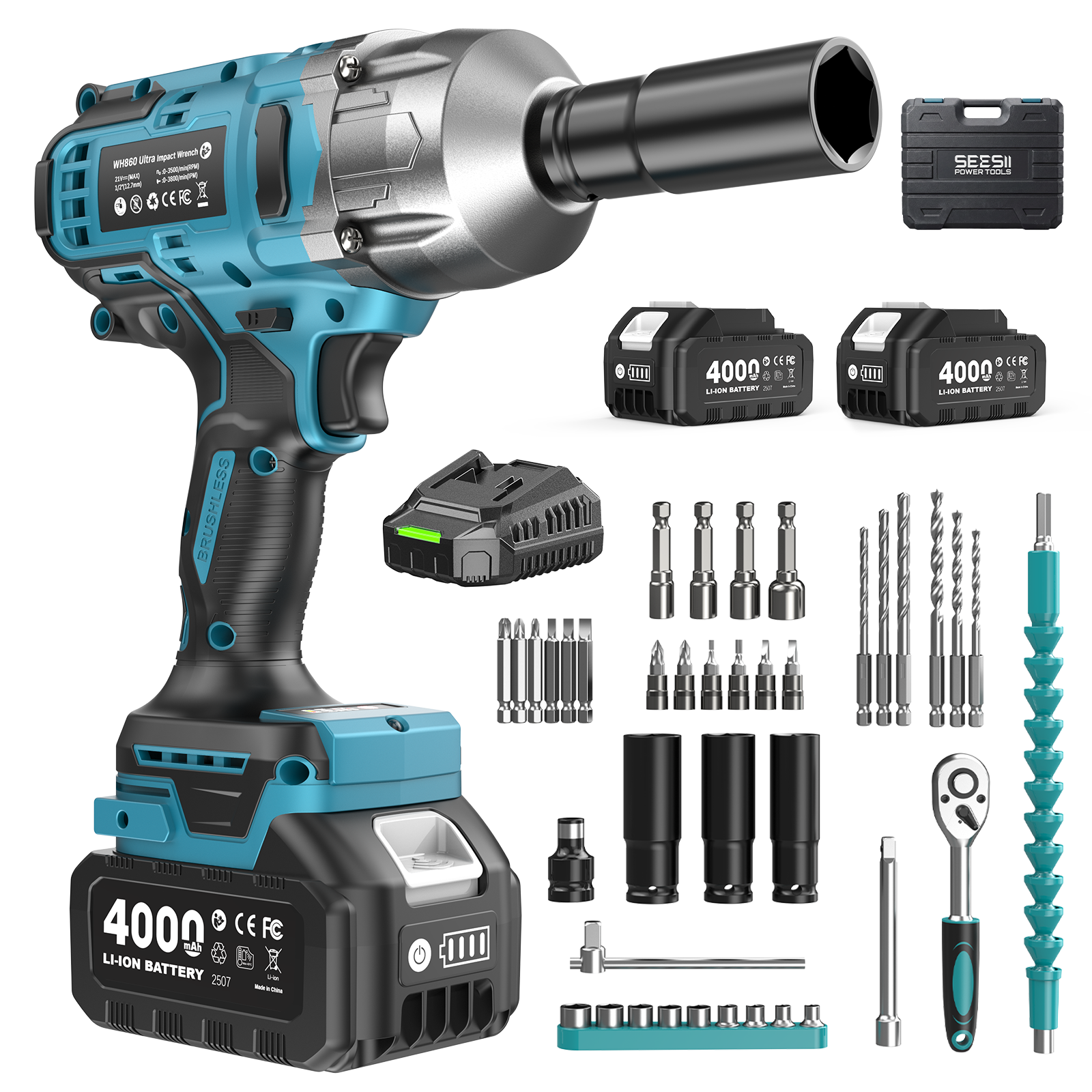 thumbnail video image 2 of Seesii Cordless Impact Wrench 1/2" 1032Ft-lbs (1400N.m) Electric Impact Gun Brushless Driver 2x4000mah Battery & Charger, 2 of 18