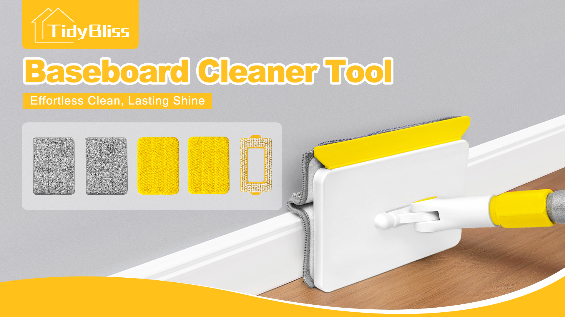 thumbnail video image 2 of TidyBliss Baseboard Cleaner Tool, Wall Mop with 55.9" Long Handle (Yellow), 2 of 9