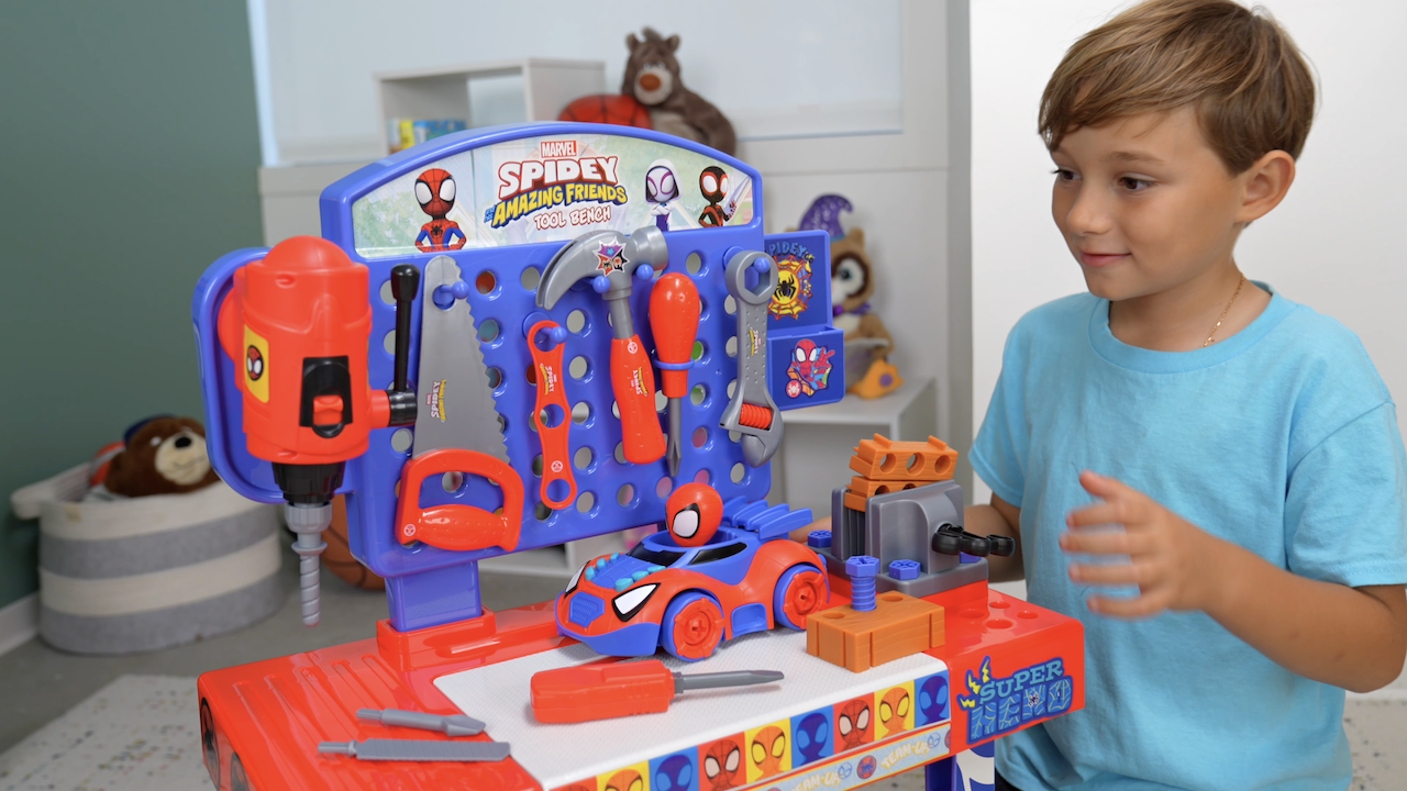 thumbnail video image 2 of Spidey and His Amazing Friends Tool Bench Playset Take Apart Car, 2 of 8