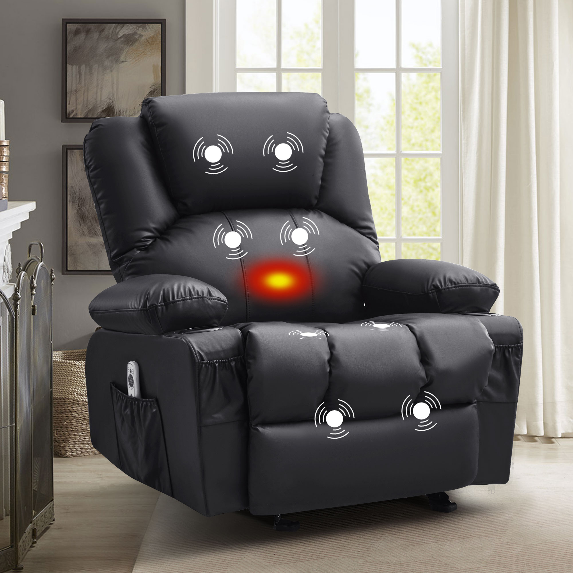 thumbnail video image 2 of JONPONY Manual Recliner Chair with Heat Therapy and Massage Function, Heavy Duty Reclining Mechanism Massage Chair, Elderly Single Rocker Sofa with Cup Holders for Bedroom Home Theater,Black, 2 of 10
