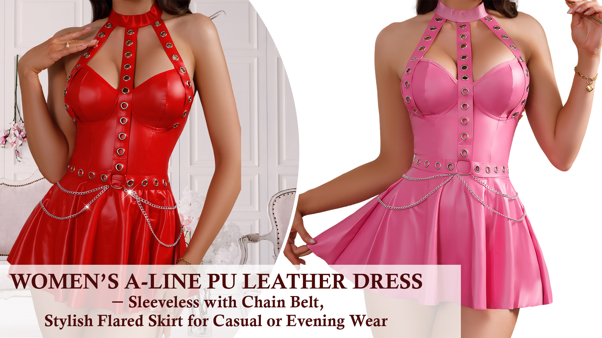 thumbnail video image 2 of Aivtalk Womens Faux Leather Dress Underwear PU Chocker Strappy Babydoll Bodysuit Club Outfits A-Line with Thongs Rave Halter Catsuit Black XL, 2 of 7