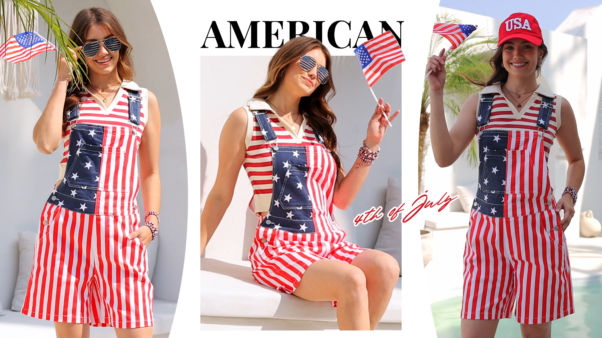 thumbnail video image 2 of 250th Anniversary American Flag Overalls for Women Shorts Romper Festival Jumpsuits Work Bibs Coveralls(Red White Blue,L), 2 of 8
