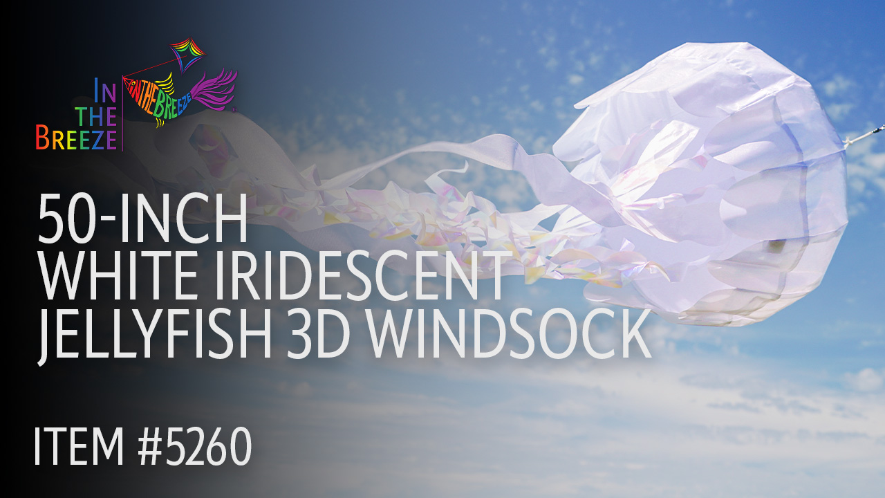 thumbnail video image 2 of In the Breeze 5260 — 50-inch White Iridescent Jellyfish 3D Windsock — Simmering Windsock with Inflatable Head and Free-Flowing Tentacles, 2 of 8