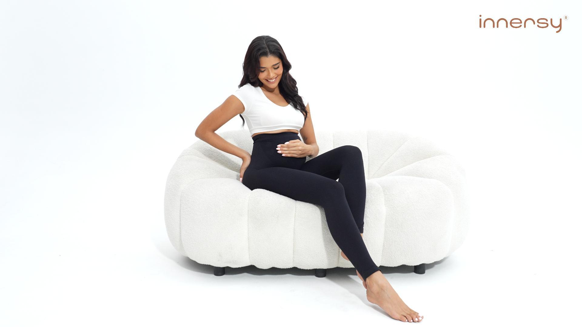 thumbnail video image 2 of INNERSY Maternity Leggings Over the Belly High Waisted Pregnancy Yoga Pants for All Stages(L,Dark Blue), 2 of 7