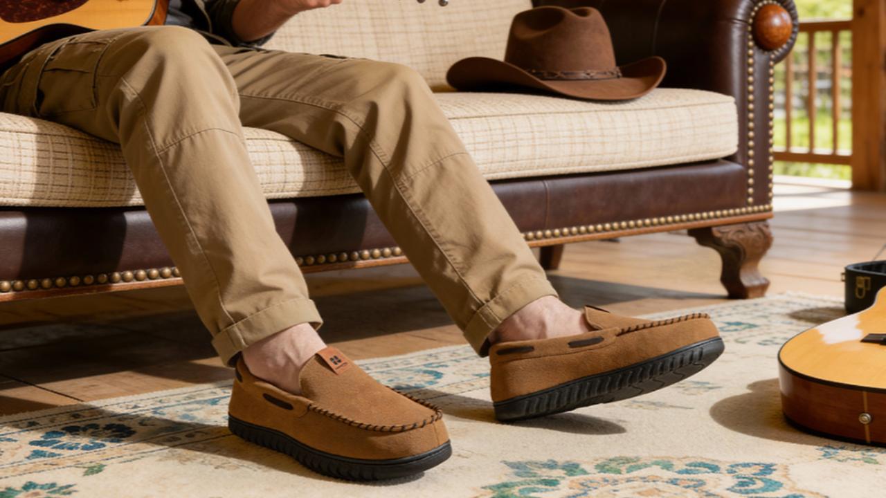 thumbnail video image 2 of HomeTop Microsuede Moccasin Slippers for Men, Memory Foam Non-Slip Sole Indoor Outdoor House Shoes, 2 of 10