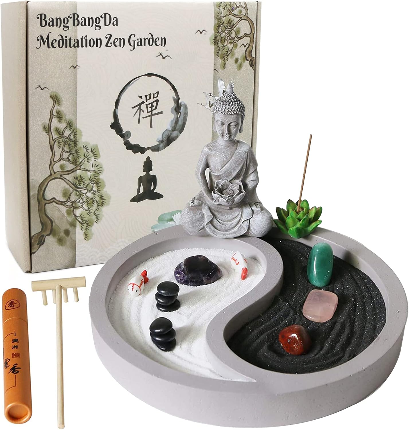 thumbnail video image 2 of Buddha Zen Garden Dia 7.8" Mini Zen Garden Kit for Desk Yin Yang Crystal Chakra Sand Garden Adult Meditation Gift  for Home Office Desktop Decor, 2 of 8