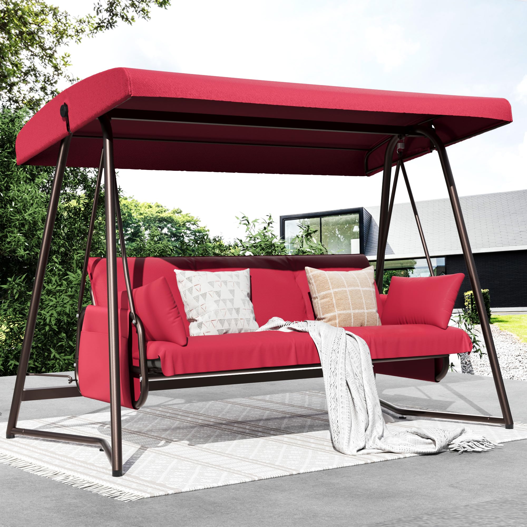 thumbnail video image 2 of TQKVIPI 3-4 Seat Outdoor Porch Swing with Adjustable Canopy Patio Swing Bed with Stand Large Swing Glider Bench Chair Outside 800 lbs with Removable Cushions for Yard Garden Poolside Balcony, 2 of 12