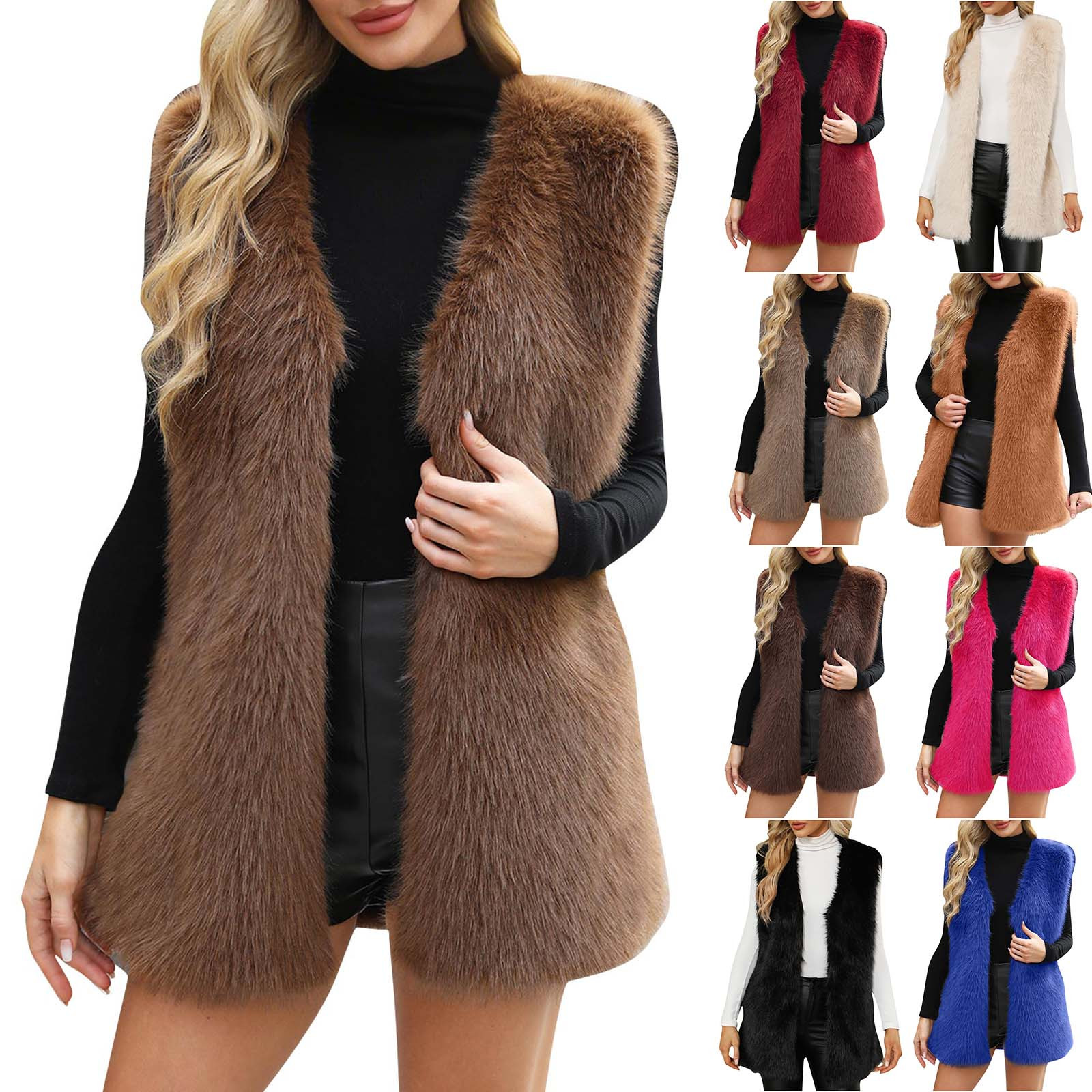 thumbnail video image 2 of HAOTAGS Women's Sleeveless Faux Fur Coat, Warmth Thickened Stand Collar Winter Coat Brown S, 2 of 8