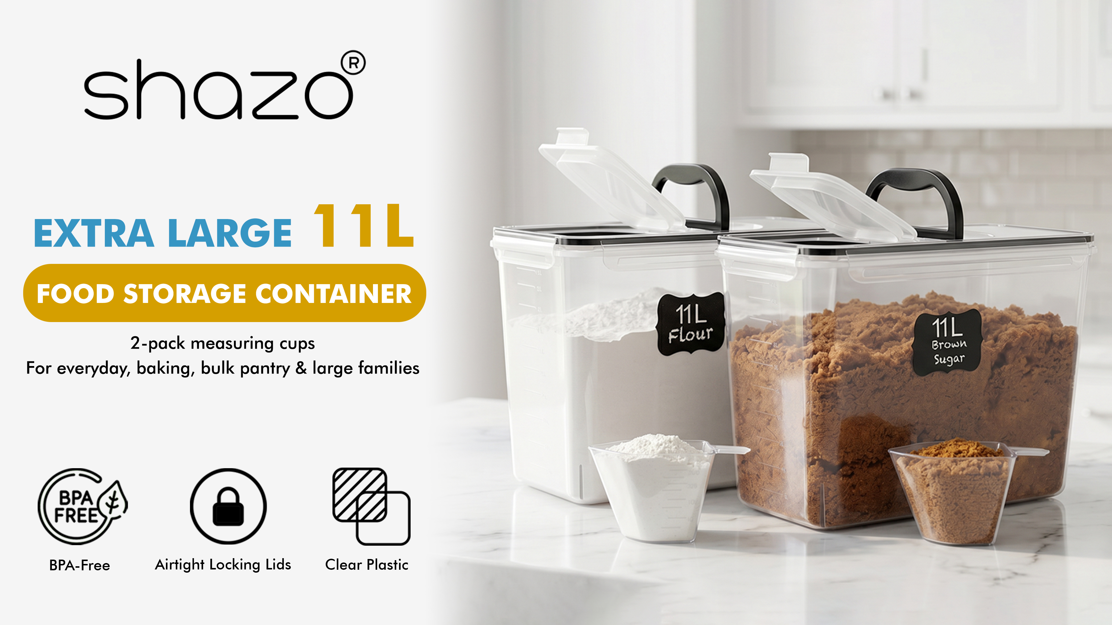 thumbnail video image 2 of Shazo 2 PC (11L | 372 fl oz) Extra Large Airtight Flour Sugar Storage Containers with Handle, BPA Free Plastic Food Storage Containers with Lids, 2 of 10