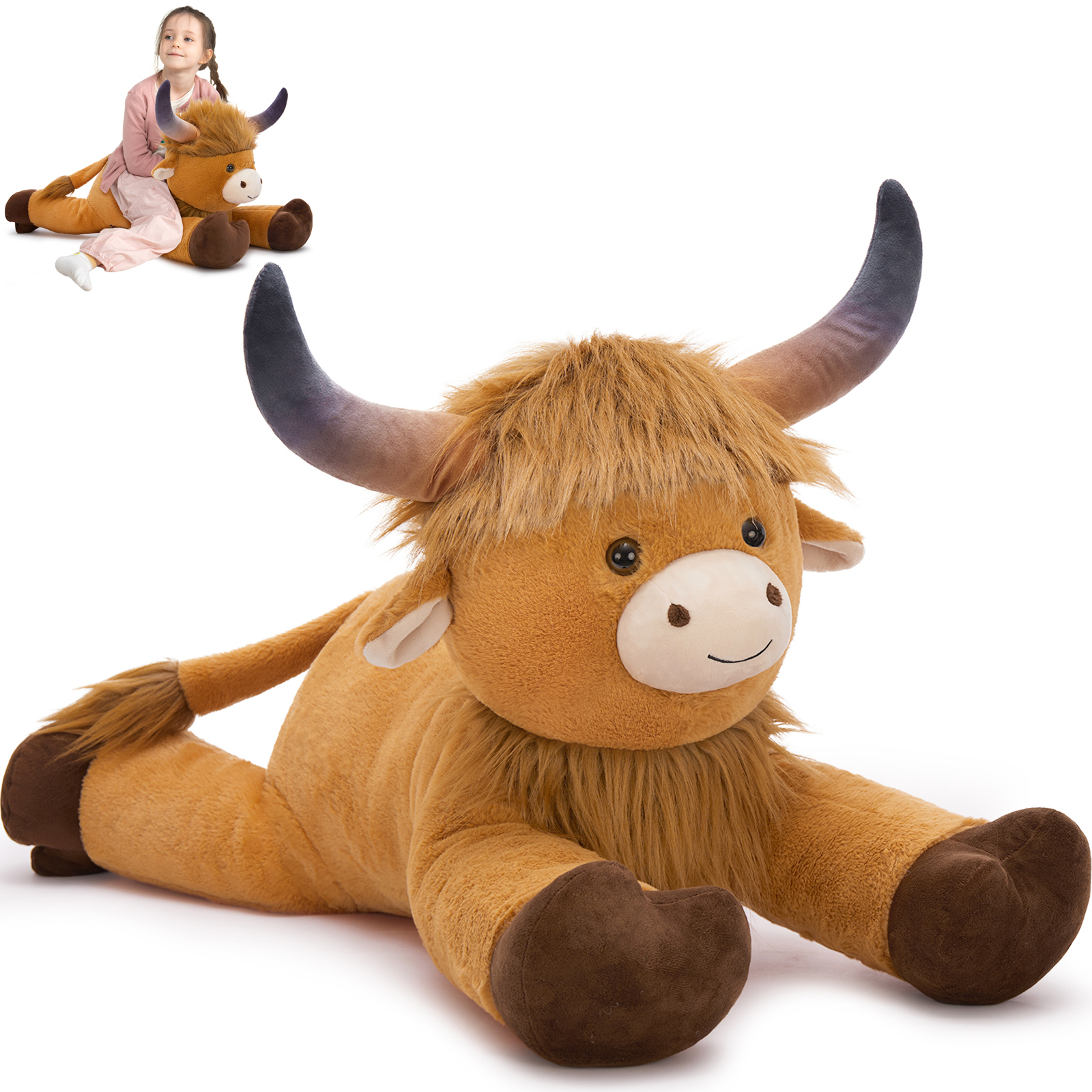 thumbnail video image 2 of MorisMos 31.5'' Giant Highland Cow Stuffed Animal Cattle Plush Pillow, 2 of 8