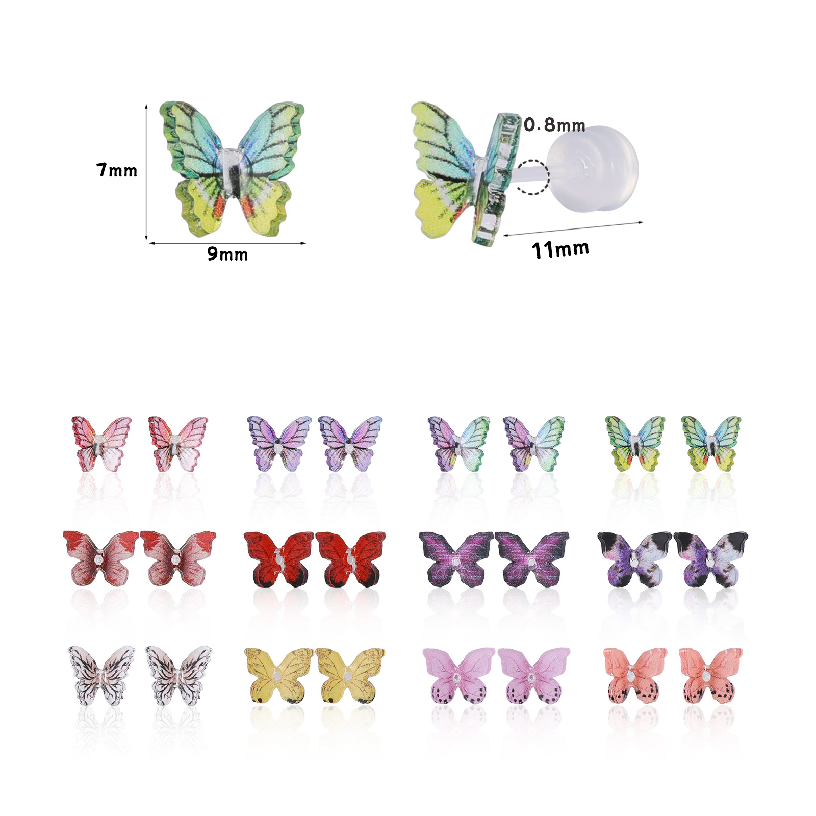 thumbnail video image 2 of JUSTJANDM Plastic Post Stud Hoop Earrings for Sensitive Ears Multicolor Butterfly Flower Dragon Snake Stud Earrings Set for Women, 2 of 8