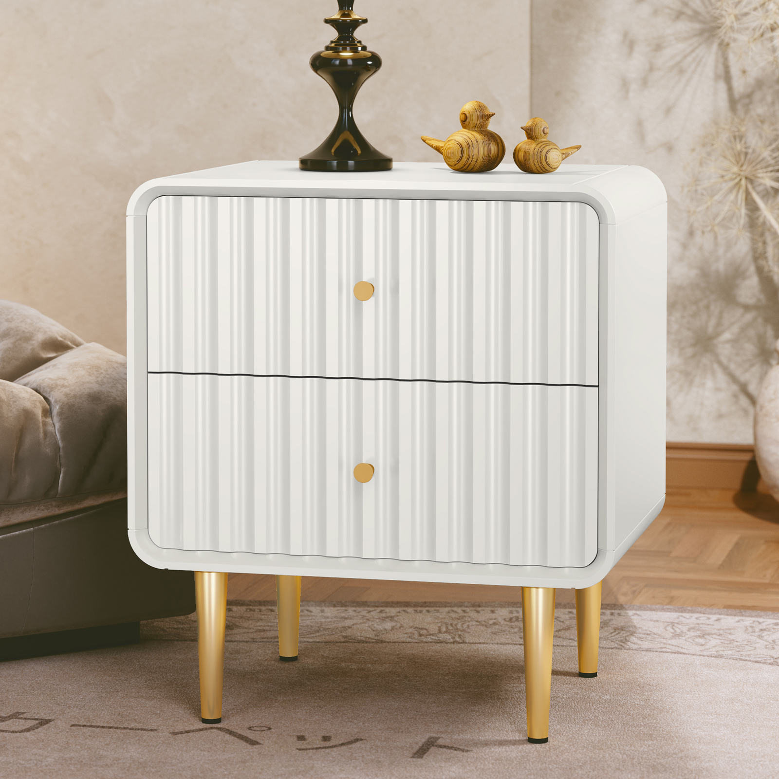 thumbnail video image 2 of HLR Modern Fluted Wood Nightstand Set of 2 with 2 Drawers, Bedroom Black Bed SideTable with Storage, 2 of 9