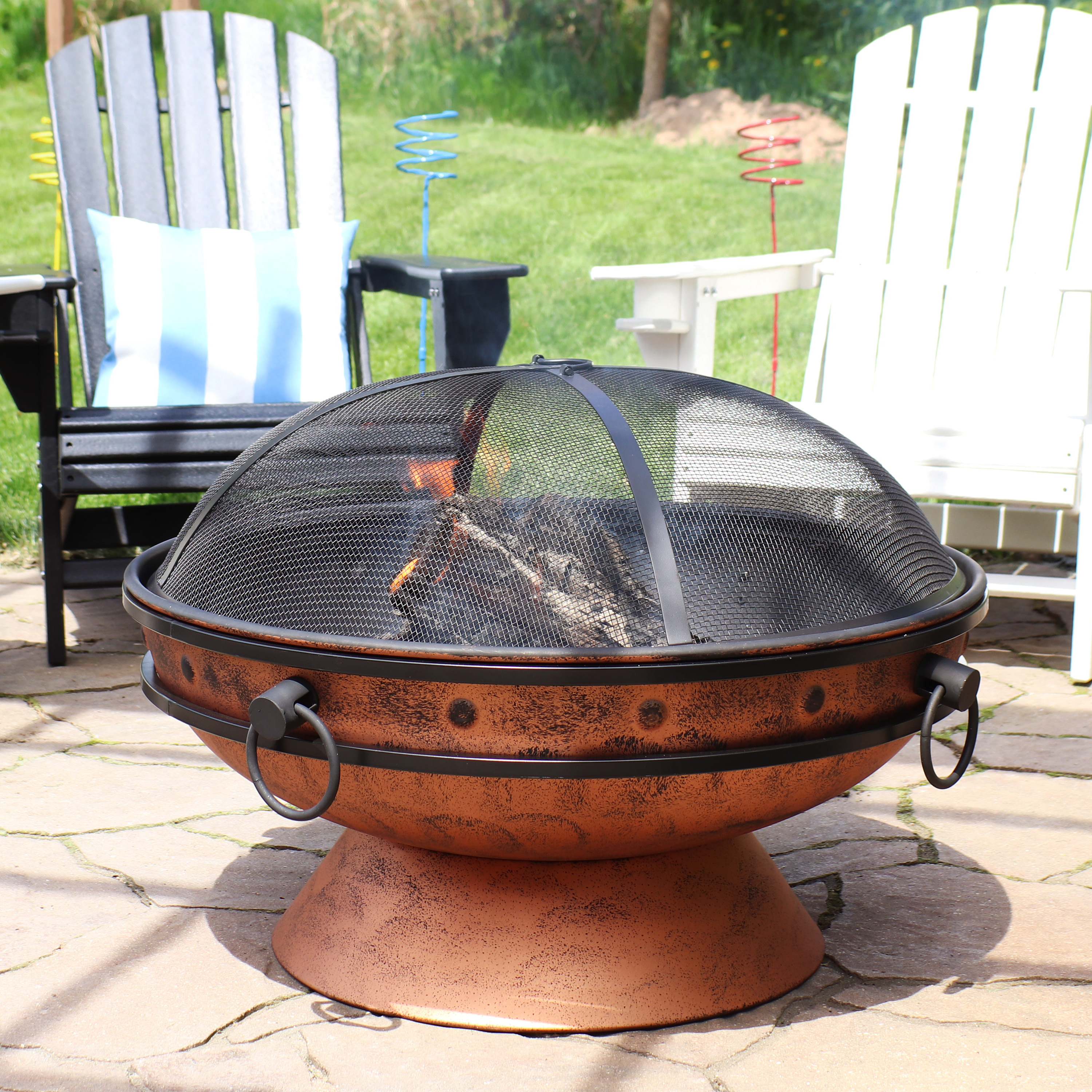 thumbnail video image 2 of Sunnydaze Royal 30" Round Wood-Burning Copper Finish Raised Outdoor Fire Pit Bowl, 2 of 17