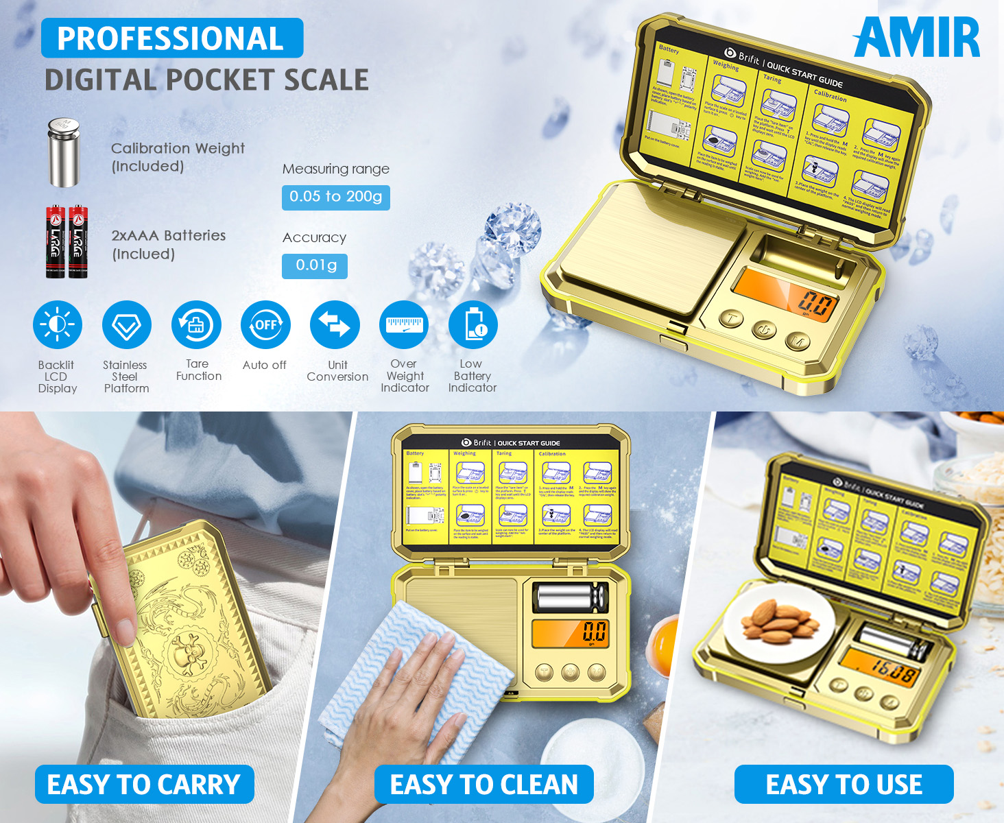 thumbnail video image 2 of Digital Scale, AMIR Digital Pocket Scale 200g/0.01g High-Precision Scale with 50g Calibration 6 Units LCD Display Tare Function Gram Scale for Kitchen Food Jewelry Medicine Herb Gold, 2 of 11