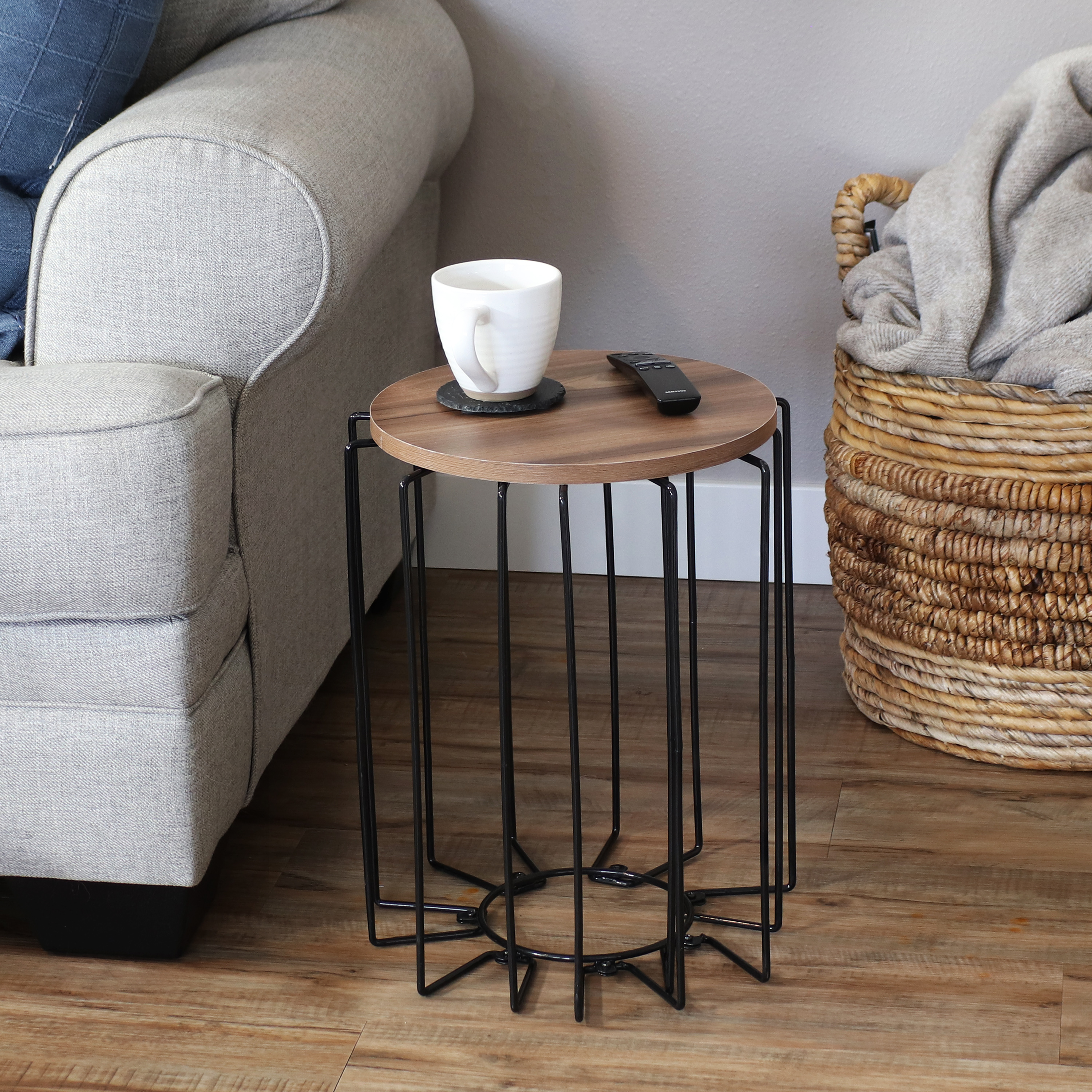 thumbnail video image 2 of Sunnydaze Indoor Modern Metal Wire End Table with Faux Woodgrain Top, Cream, 2 of 7
