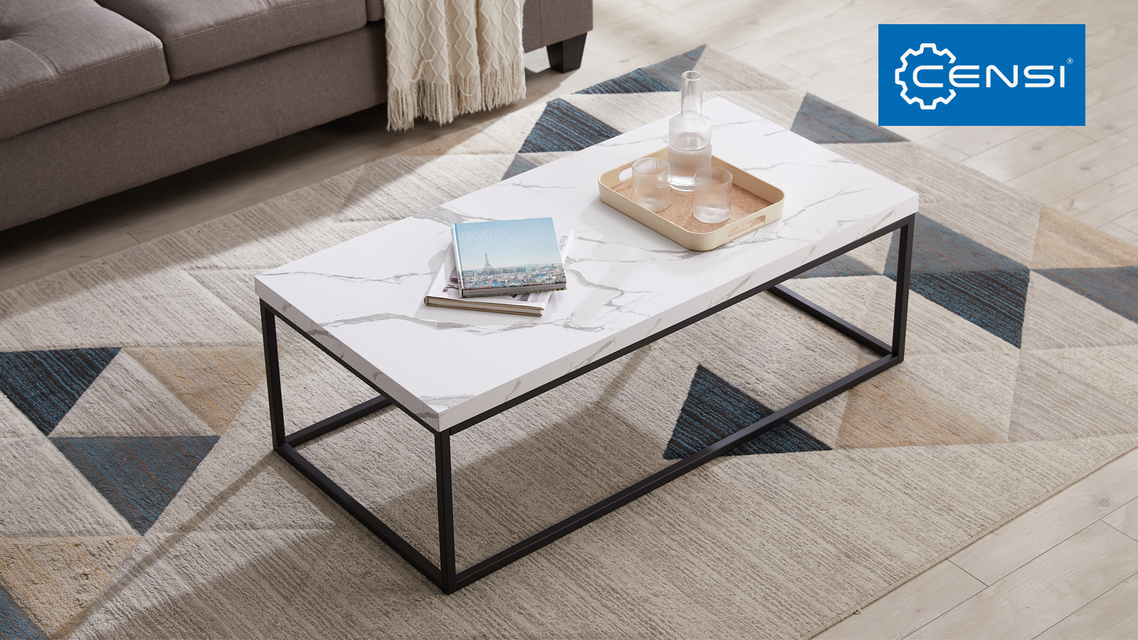 thumbnail video image 2 of Censi 47-Inch White Marble Coffee Table Ottoman Center Table for Living Room, Rectangle Modern Industrial Style,Wood and Metal (Marble), 2 of 8