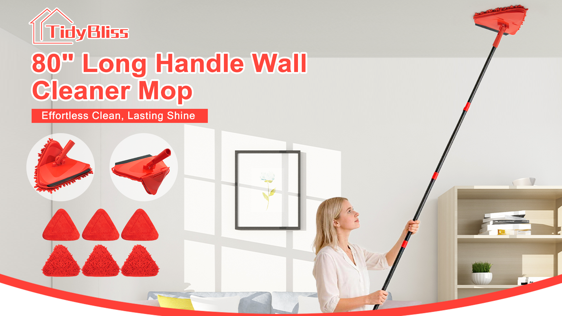 thumbnail video image 2 of TidyBliss Wall Cleaning Mop with Long Handle 80” (Red), 2 of 9