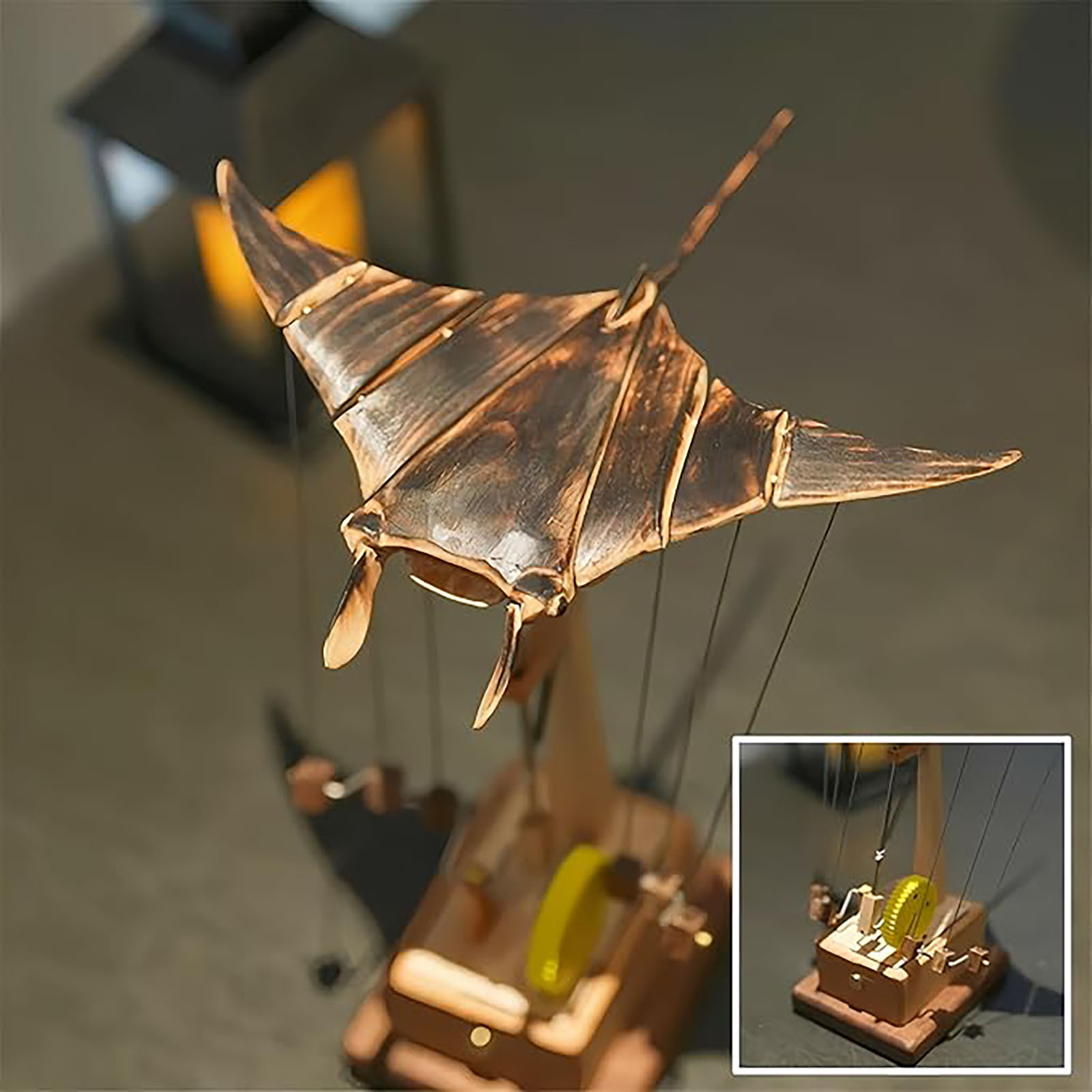 thumbnail video image 2 of Upgraded Handmade Wooden Ray Ornament, Automaton with Lifelike Swimming Motion, Mechanical Desk Decor That Brings Unique and Conversation Starter to Your Home or Office Space, Brown, 1pcs, 2 of 11