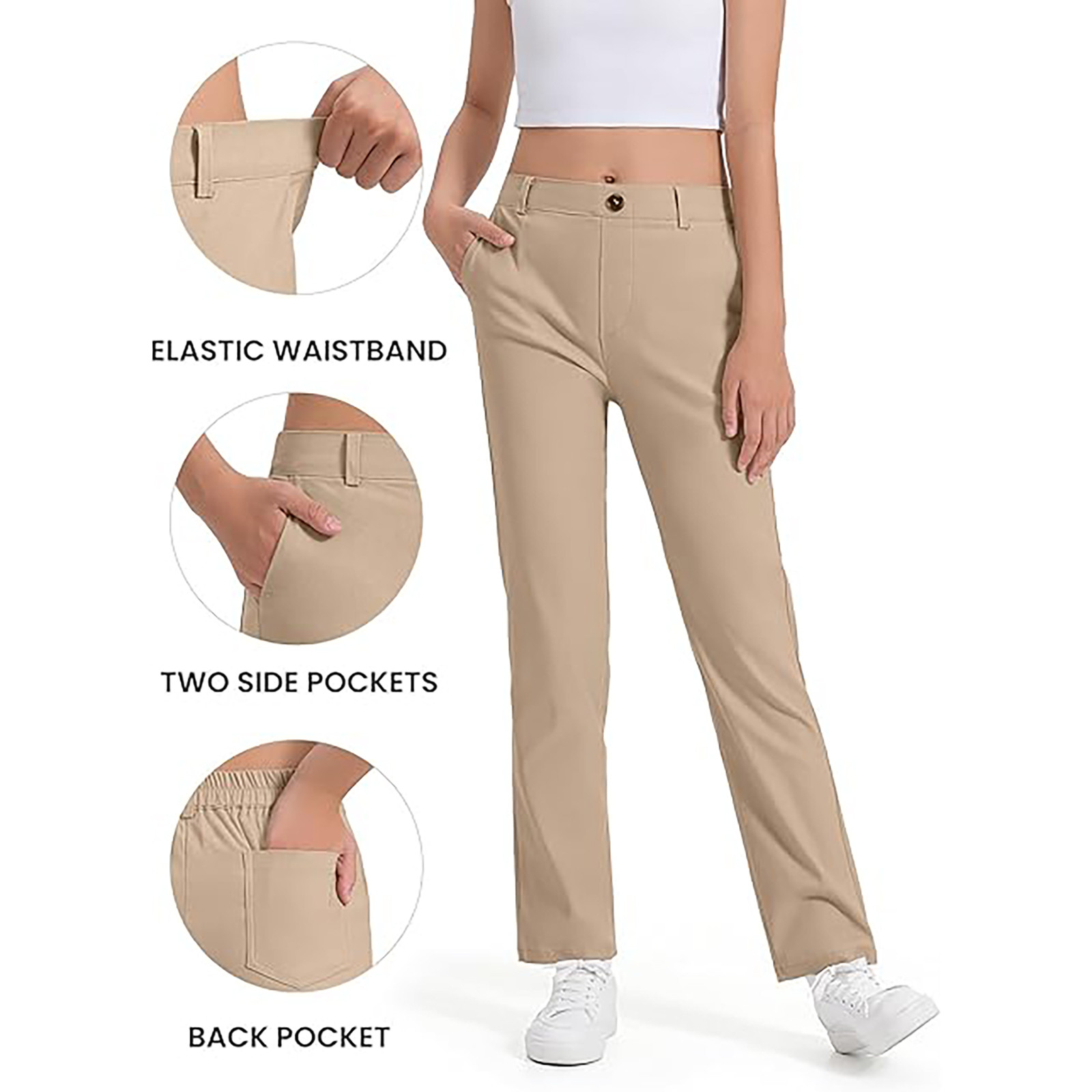 thumbnail video image 2 of YUEHUA Kids Girls Uniform Pants Fall Solid Color Stretch Elastic Waist Pants with Pockets Girls Classic Outdoor Wear (Beige), 2 of 8